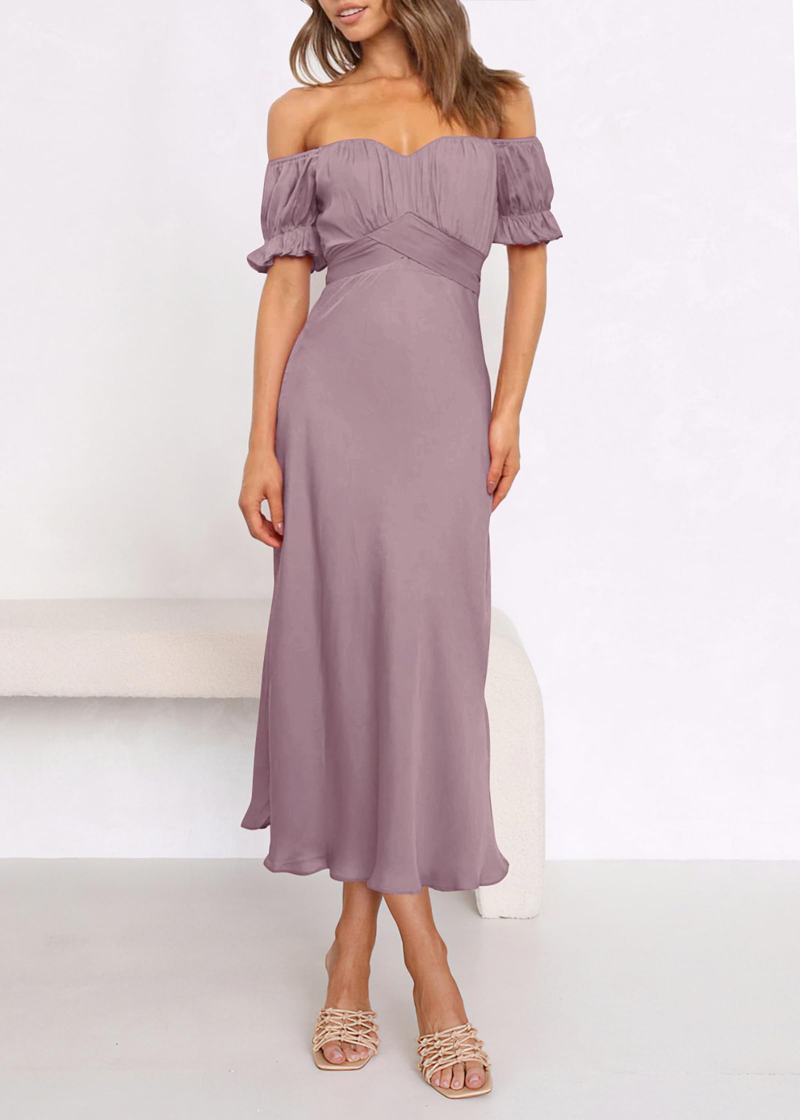 KIRUNDO Women's 2026 Spring Summer Satin Wedding Guest Midi Dress Off The Shoulder Wrap Party Cocktail Formal Prom Dresses