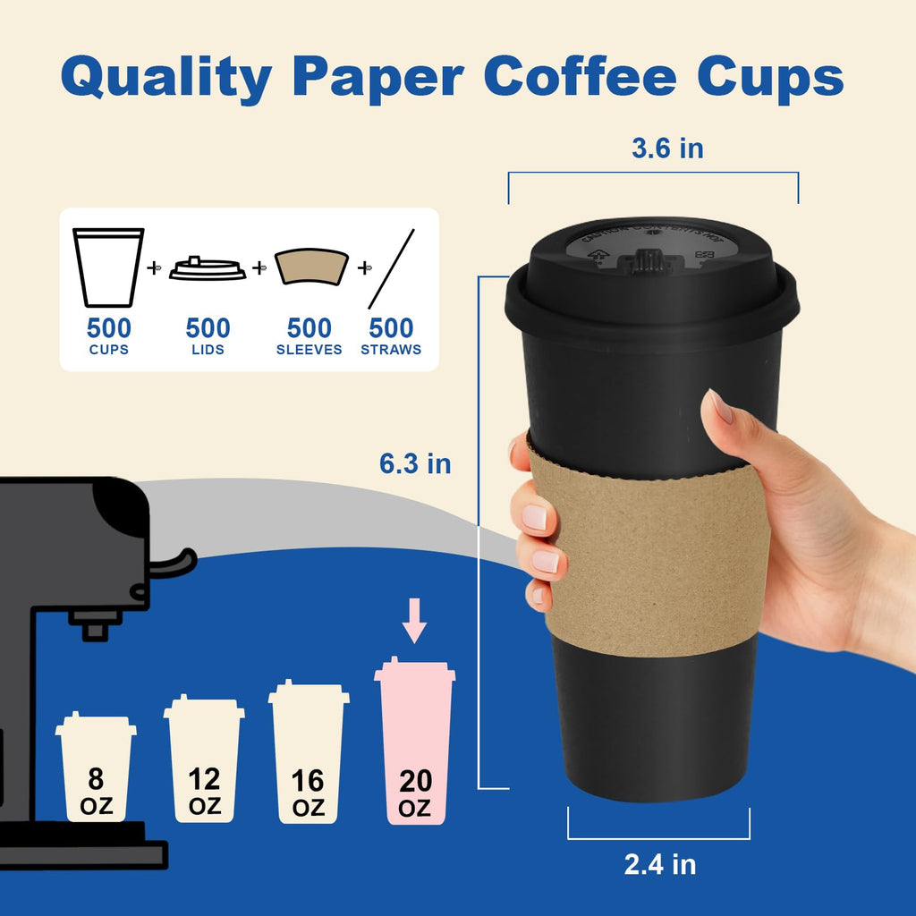 16 oz 100 Pack Corrugated Ripple Wall Disposable Coffee Cups with Lids and Straws, Heavy Duty Insulated Cups for Hot Beverage or Cold Drinks, Bulk for Restaurants, Offices, Coffee Shops(Black)