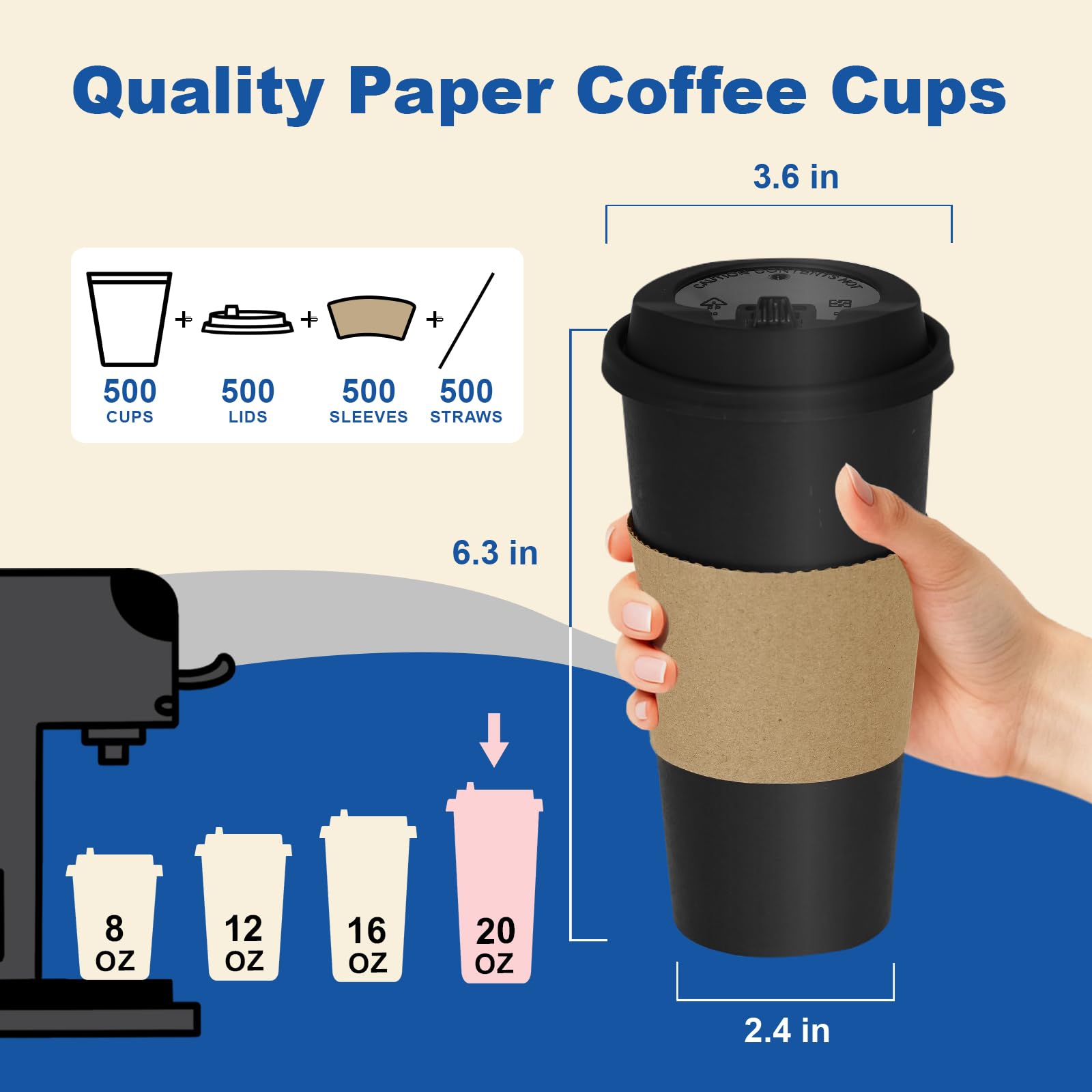 16 oz 100 Pack Corrugated Ripple Wall Disposable Coffee Cups with Lids and Straws, Heavy Duty Insulated Cups for Hot Beverage or Cold Drinks, Bulk for Restaurants, Offices, Coffee Shops(Black)