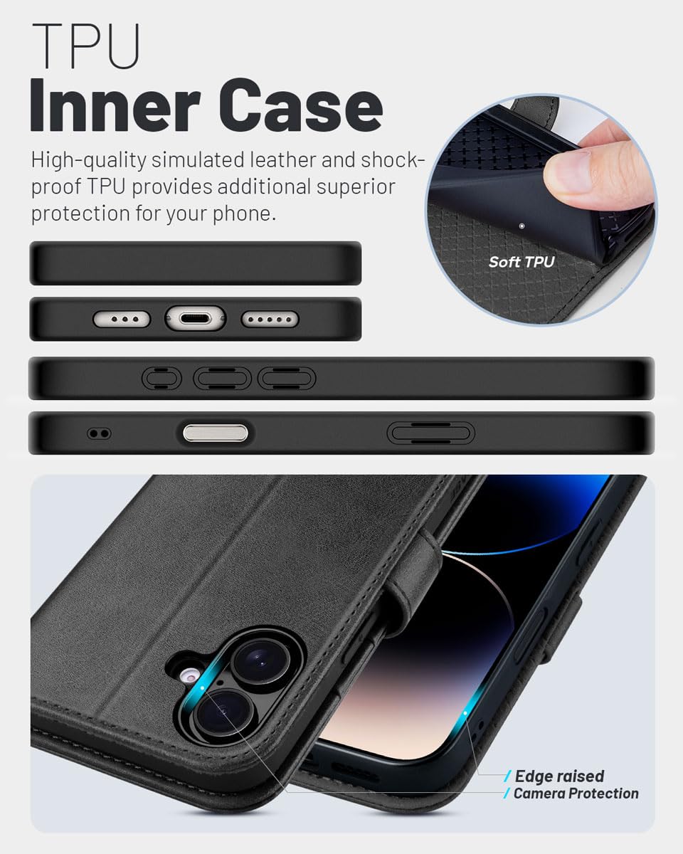 OCASE Compatible with iPhone 16 Wallet Case, PU Leather Flip Folio Case with Card Holders RFID Blocking Kickstand [Shockproof TPU Inner Shell] Phone Cover 6.1 Inch 2024, Black