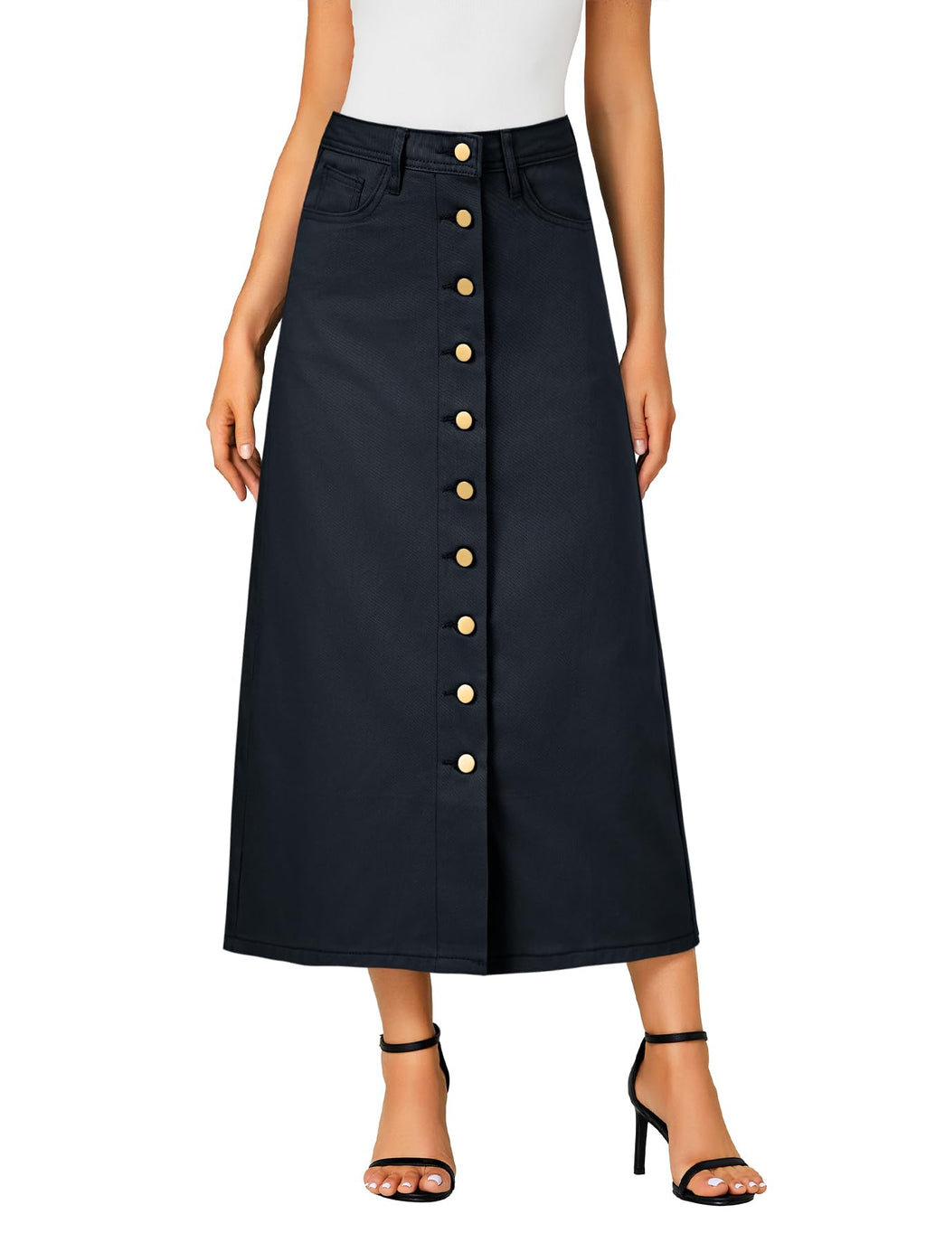 Vrtige Women's Casual Button Down High Waisted A Line Jean Midi Long Denim Skirt with Pockets
