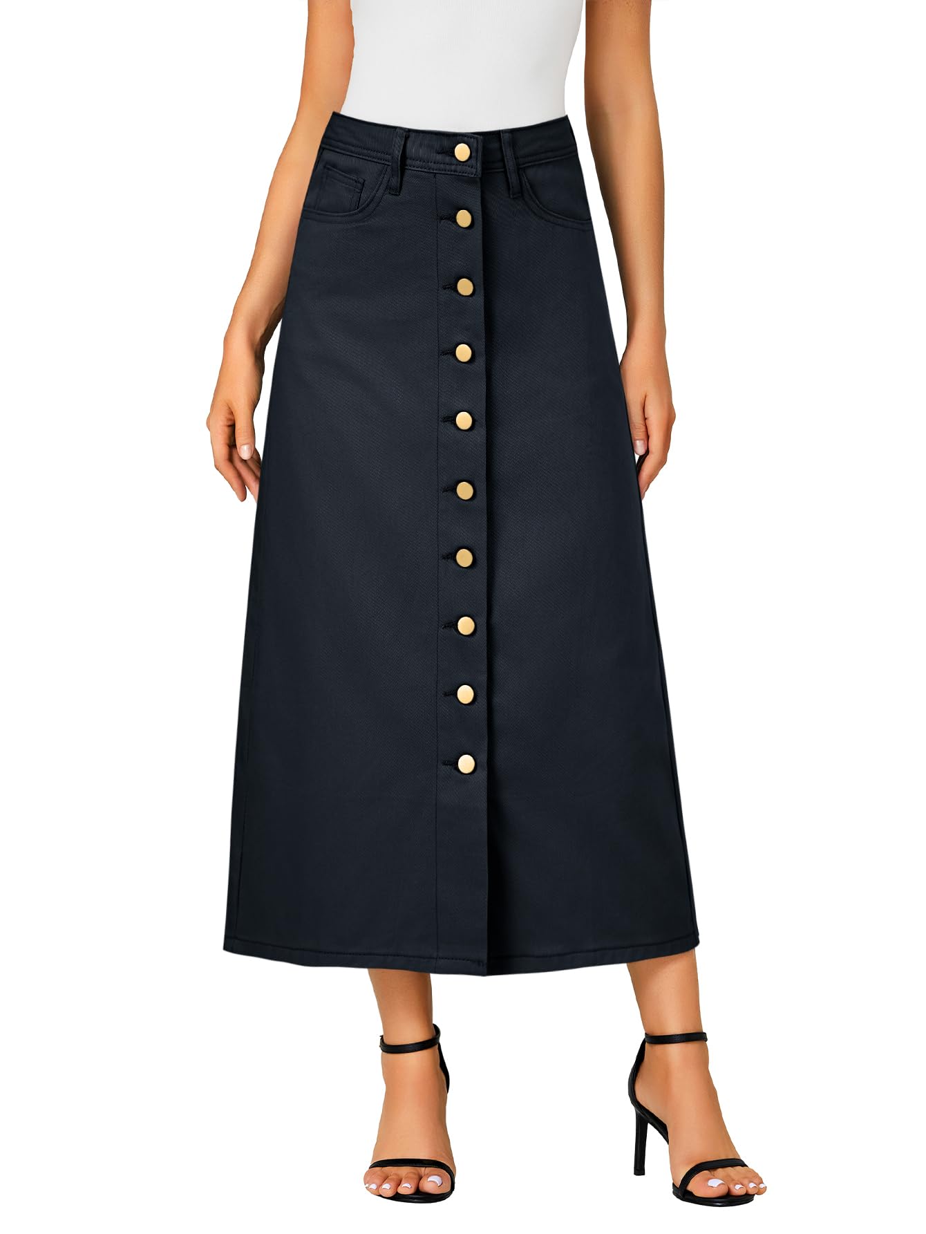 Vrtige Women's Casual Button Down High Waisted A Line Jean Midi Long Denim Skirt with Pockets