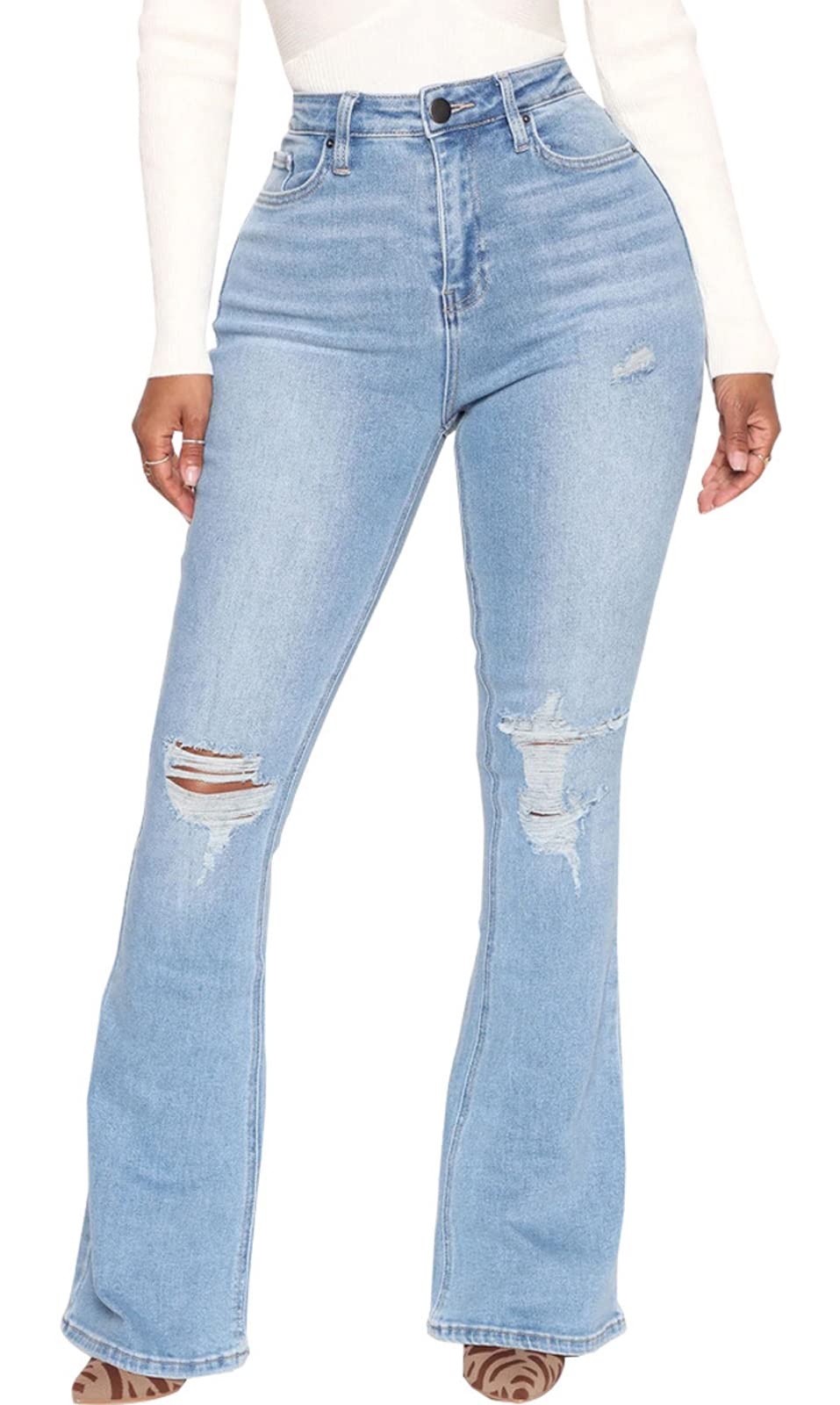 Bell Bottom Jeans for Women Ripped High Waisted Classic Flared Denim Pants