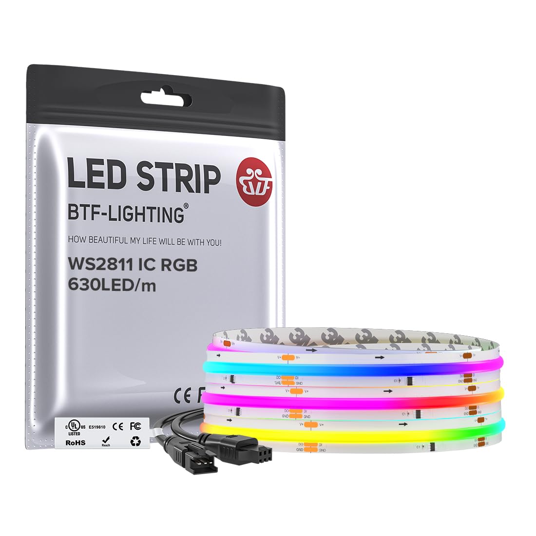 BTF-LIGHTING WS2811 Smart IC RGB FCOB COB LED Strip, UL Listed 630LEDs/m High Density Color Chasing Uniform Light, DC12V 12FT 10mm Width Tape Light for Home Party DIY Decor(No Adapter or Controller)