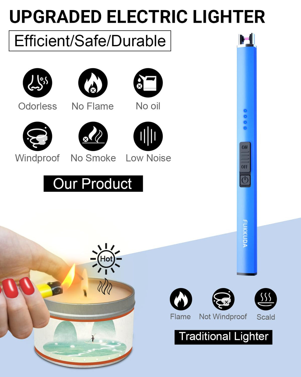 FUKKUDA Electric Candle Lighter with Safety Switch - USB Rechargeable Windproof & Flameless Plasma Arc Lighter for Easter Basket Stuffers (Rose Gold)
