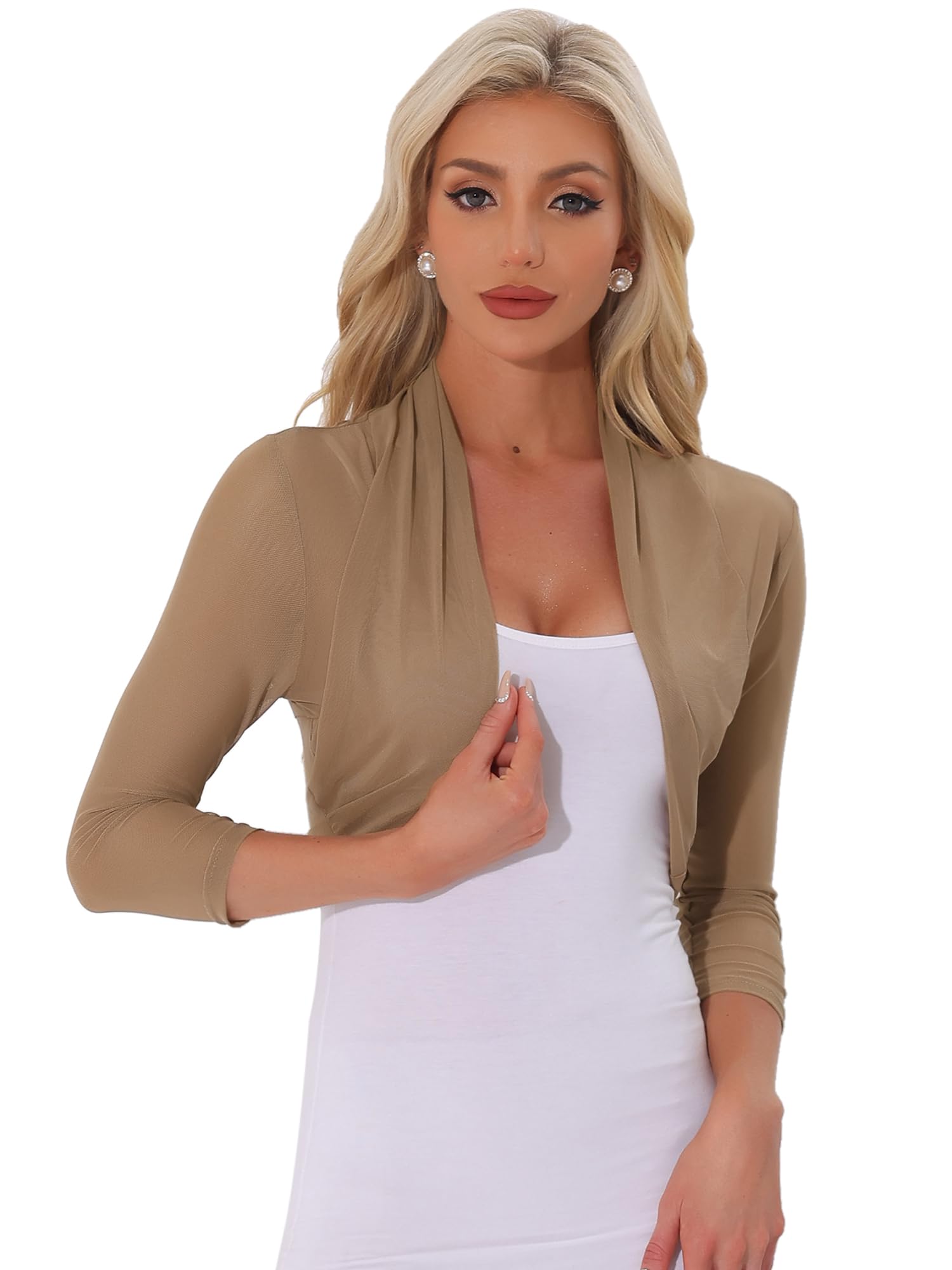 Allegra K Women's 3/4 Sleeve Sheer Mesh Shrug Open Front Cropped Bolero Cardigan