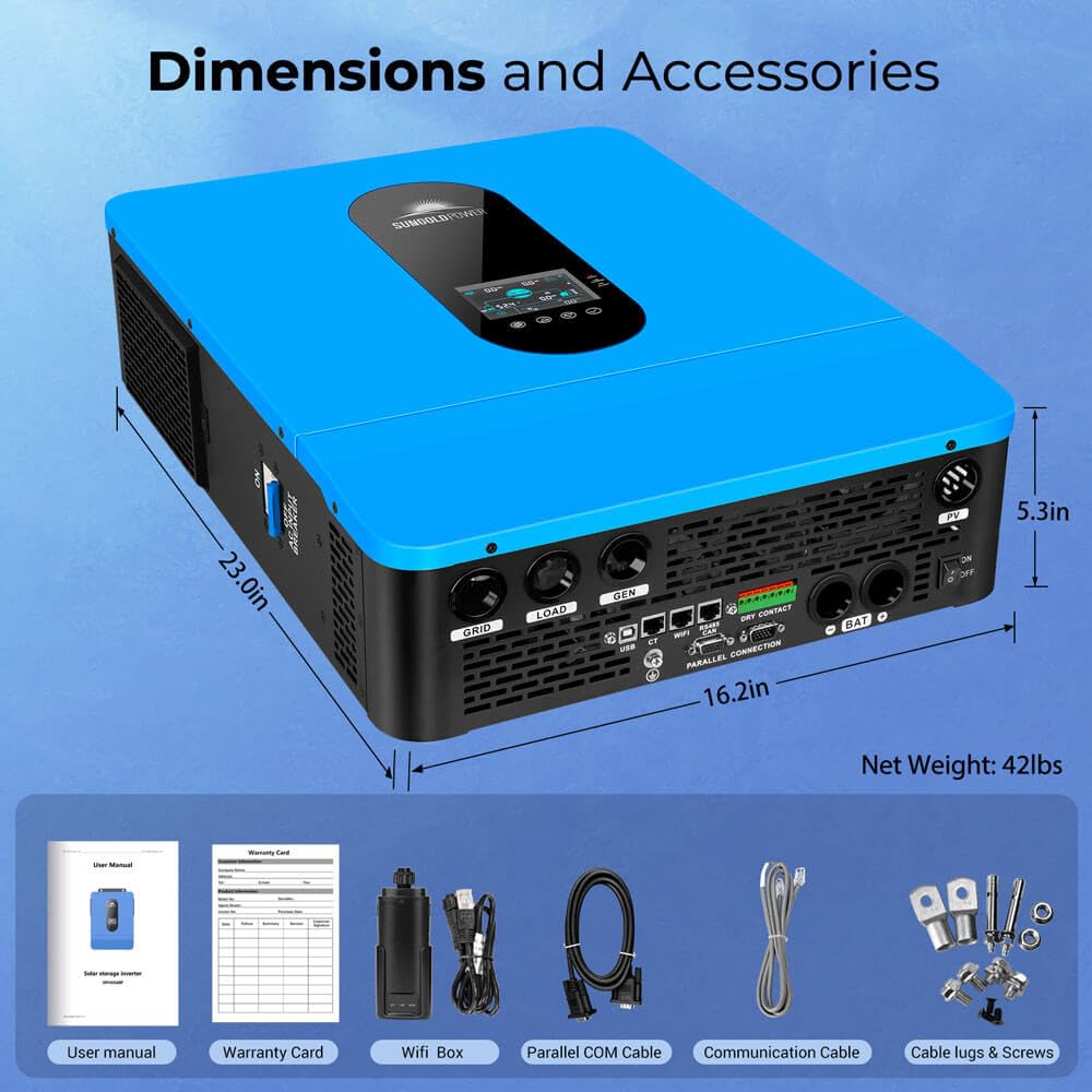 SUNGOLDPOWER 10000W DC 48V UL1741 Solar Inverter,Split Phase,Built-in 2 MPPT Solar Controllers,Max. 200A Battery Charging,AC Input/Output 120V/240V(settable) Inverter Charger(Support Parallel & COMM)
