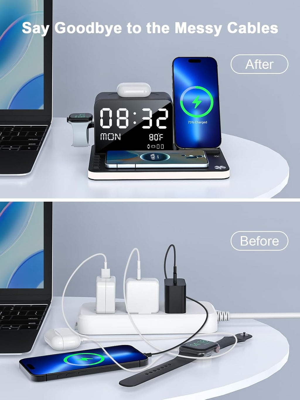 7 in 1 Wireless Charging Station for Apple Device Wireless Charger with Night Light Bluetooth TimeSync Temperature 33W Fast Charger for iPhone 17/16/15/14/13 Pro Max Android Phone Airpods Apple Watch