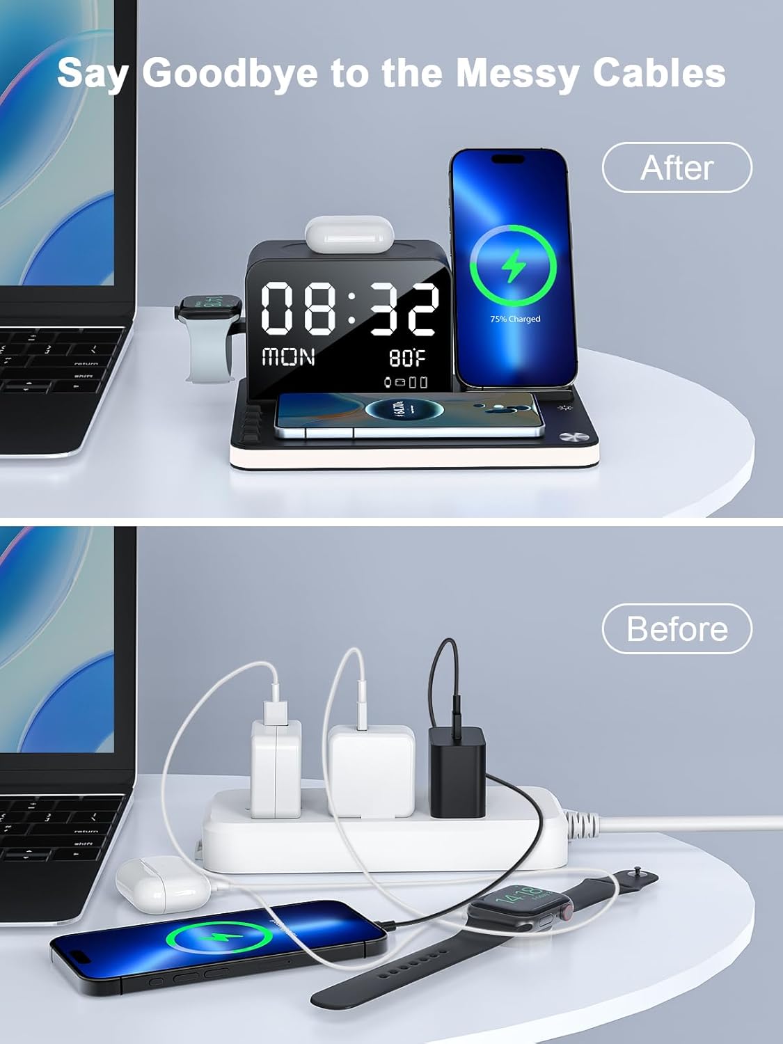 7 in 1 Wireless Charging Station for Apple Device Wireless Charger with Night Light Bluetooth TimeSync Temperature 33W Fast Charger for iPhone 17/16/15/14/13 Pro Max Android Phone Airpods Apple Watch