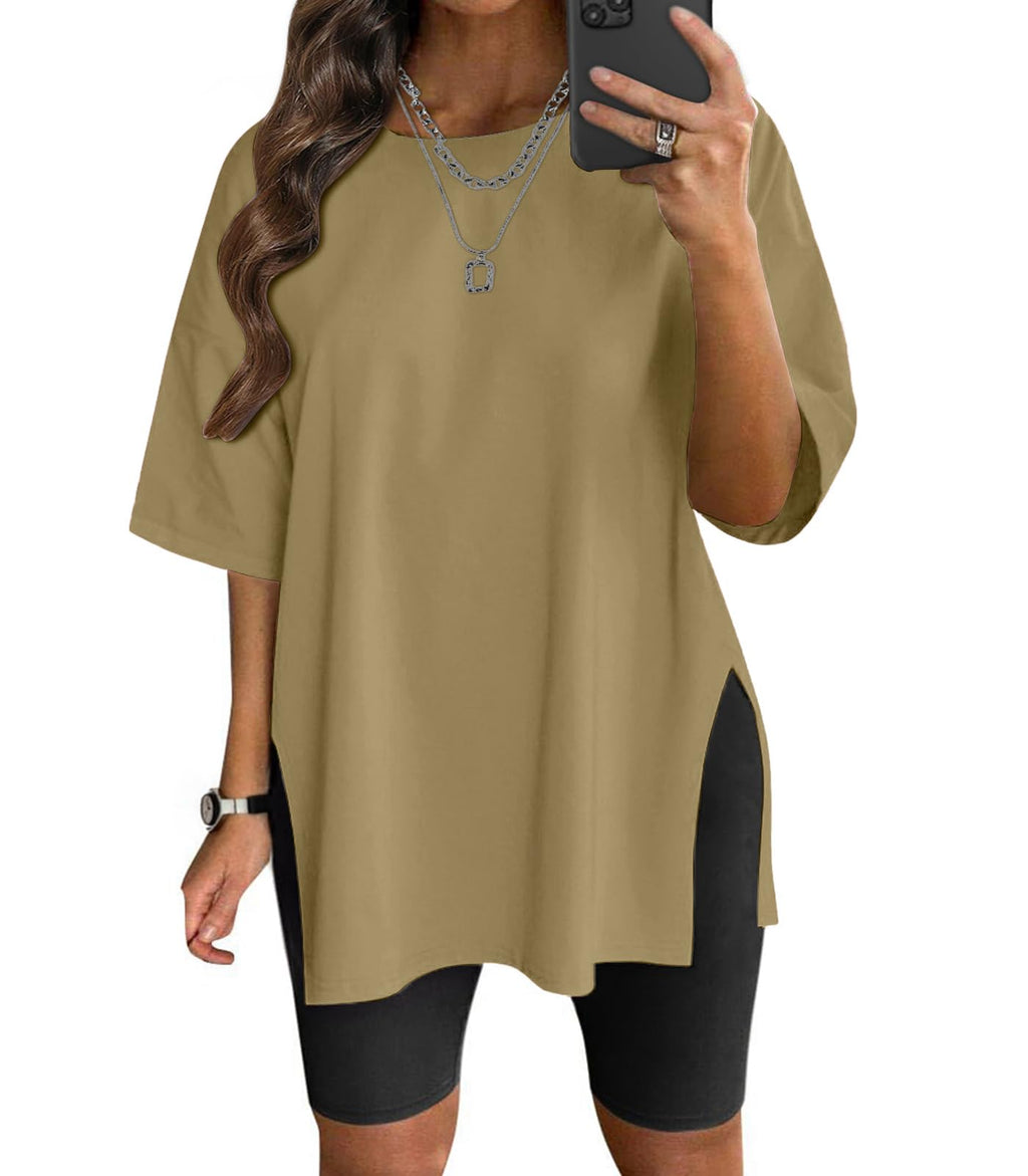 VNIRA Plus Size T Shirt for Women Oversized Cotton Short Sleeve Workout Top Loose Fit Side Split Casual Basic Tunic Top