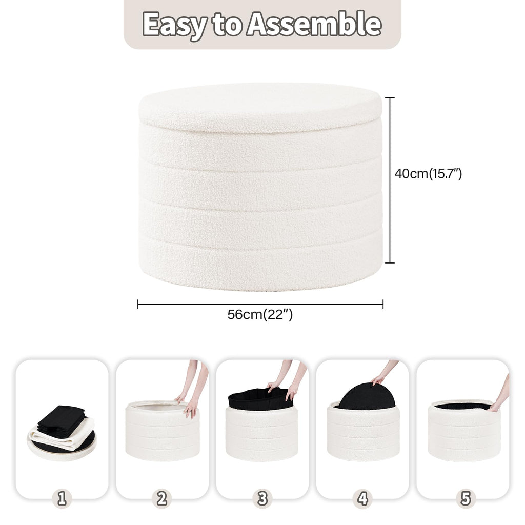 PINPLUS Round Storage Ottoman Foot Rest Stool with Tray Velvet Sherpa Folding Storage Ottoman,Boucle Foot Rest for Living Room, Bedroom, Dorm（Beige）