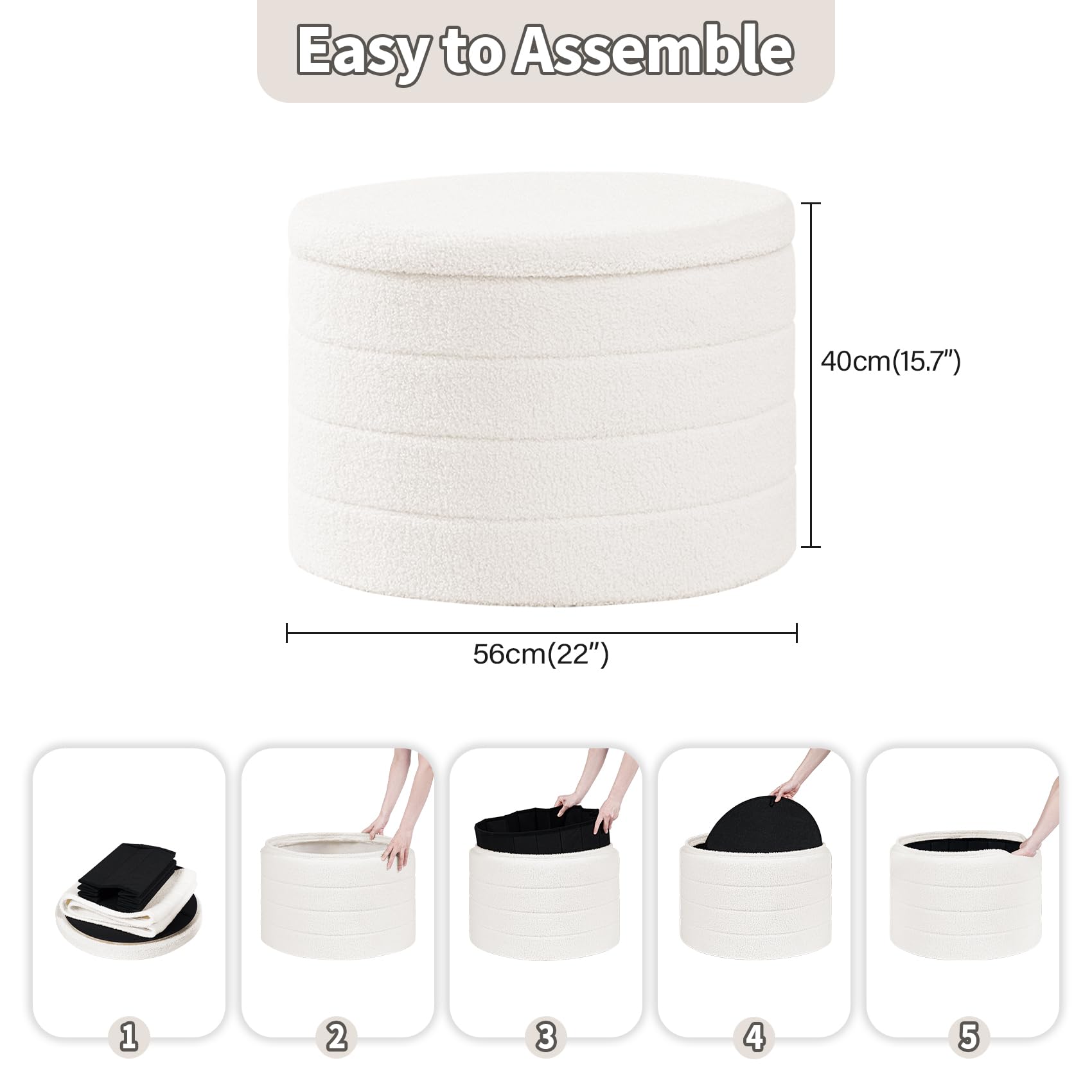 PINPLUS Round Storage Ottoman Foot Rest Stool with Tray Velvet Sherpa Folding Storage Ottoman,Boucle Foot Rest for Living Room, Bedroom, Dorm（Beige）