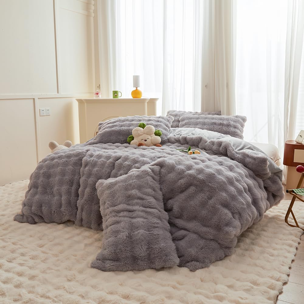Faux Fur Kids Girls Purple Rainbow Comforter Sets Twin/Full - 3PC Bed Set Warm Comfortable Soft Plush Flannel Velvet Fluffy Fuzzy Bedding（Comforter x 1 Pillowcases x 2）