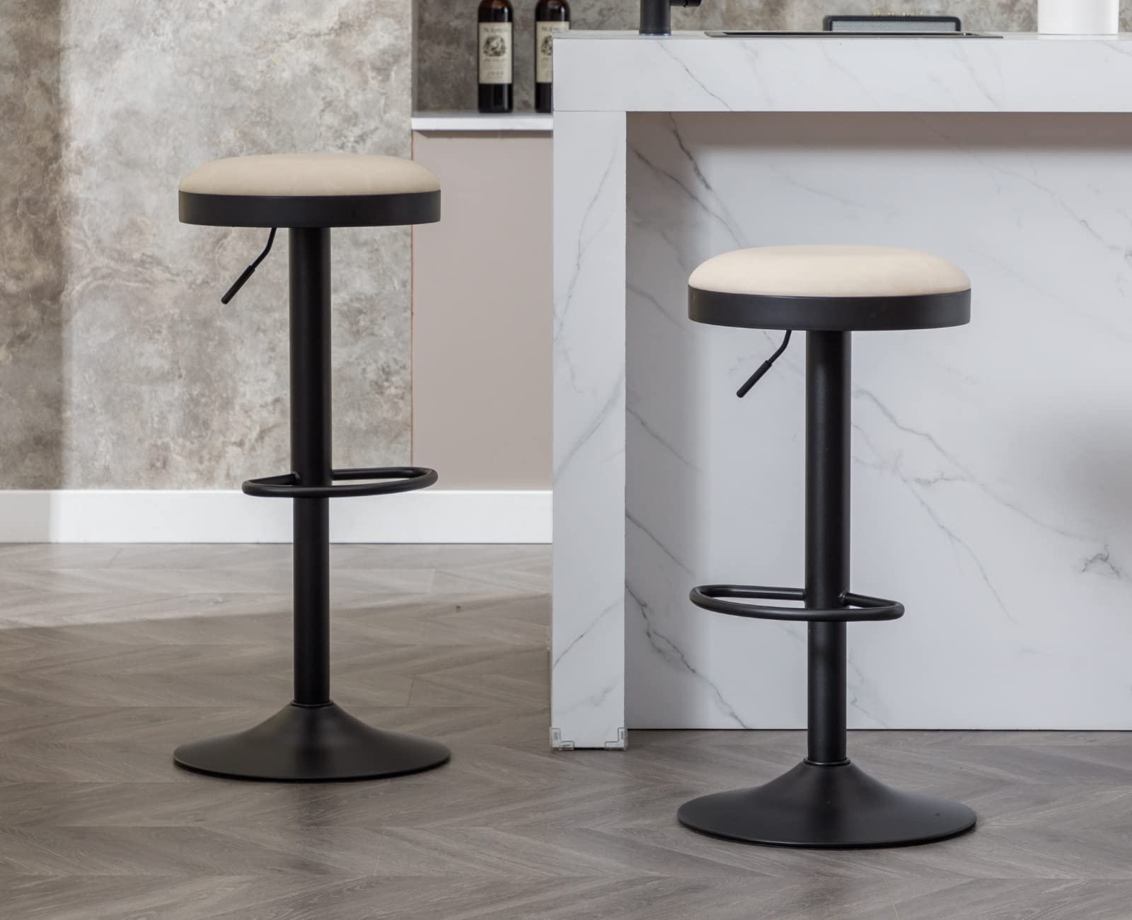 EALSON Modern Swivel Bar Stool Adjustable Counter Height Backless Barstools with Metal Base Leather Upholstered Round Bar Stool Chairs for Kitchen Island/Pub/Breakfast Bar, Beige 1PC