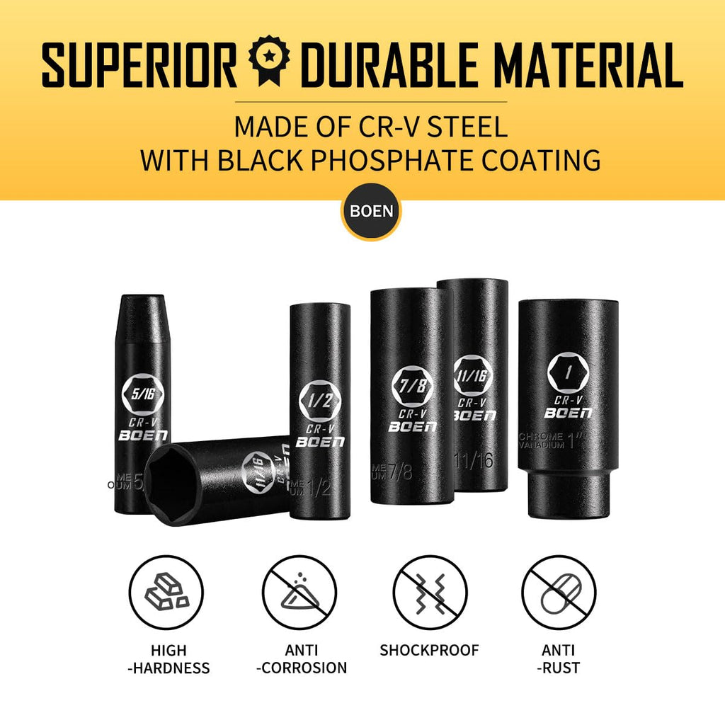 BOEN 1/2" Drive Deep Impact Socket Set, 11 Pieces Socket Set Metric 10-24mm, 6 Point Design, Cr-V Steel, Laser Marking, Durable Storage Case, Meets ANSI Standards