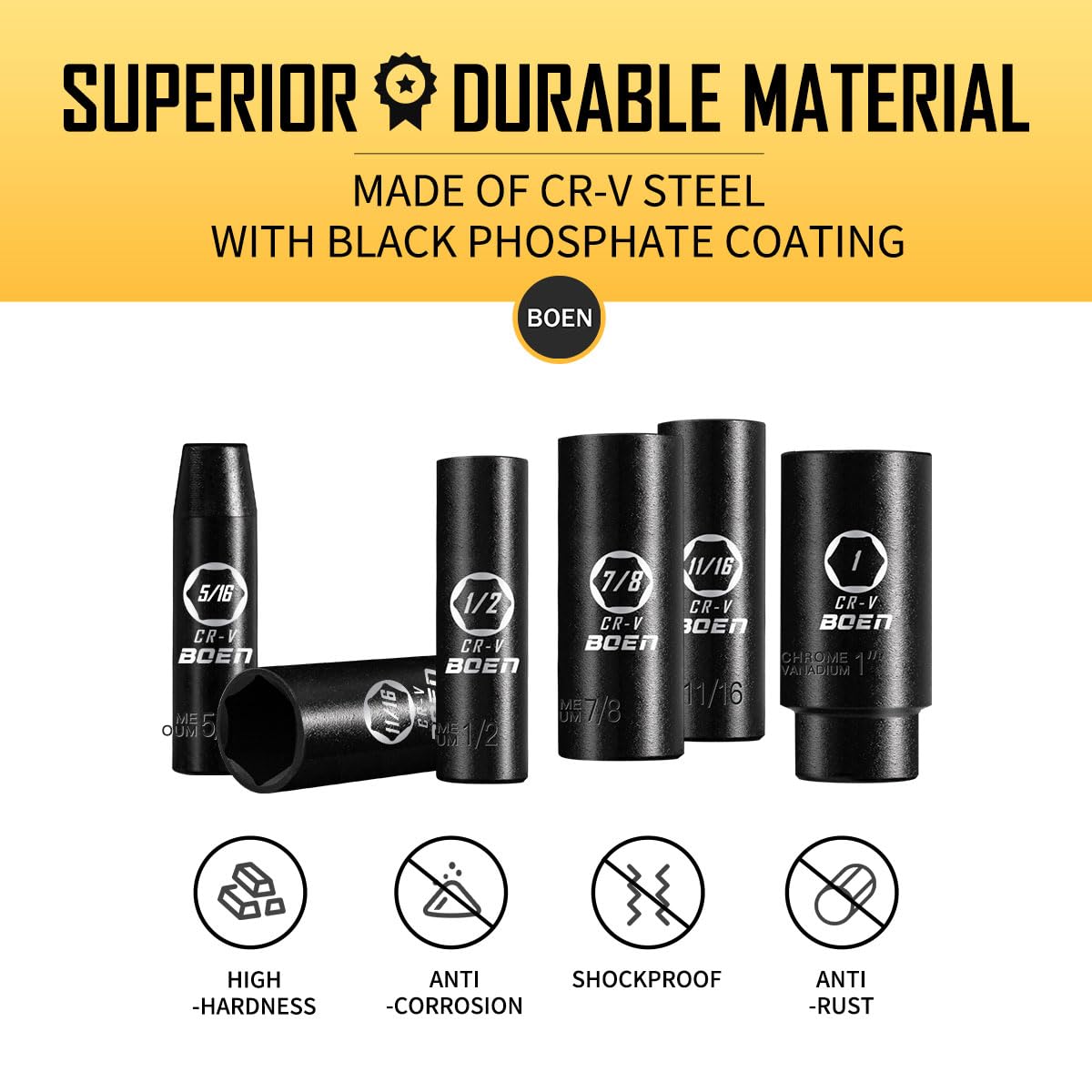 BOEN 1/2" Drive Deep Impact Socket Set, 11 Pieces Socket Set Metric 10-24mm, 6 Point Design, Cr-V Steel, Laser Marking, Durable Storage Case, Meets ANSI Standards