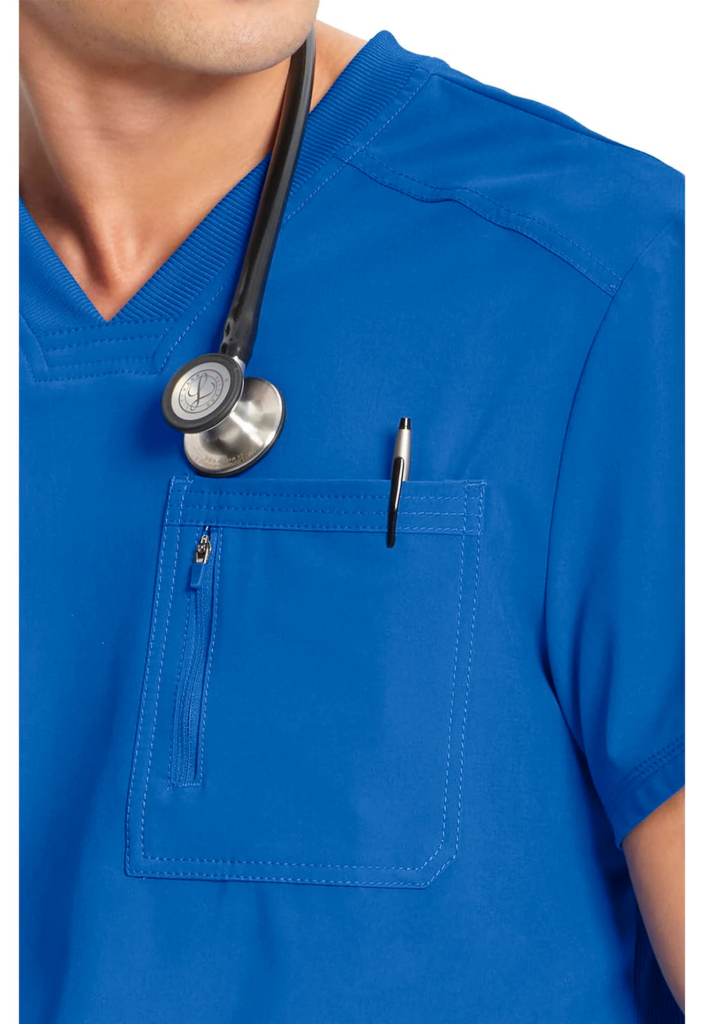 Cherokee Infinity Mens Tuckable V-Neck Scrub Top Modern Fit, 2 Pockets, Zip Chest Pocket, Rib-Knit, 360° Stretch – CK910A