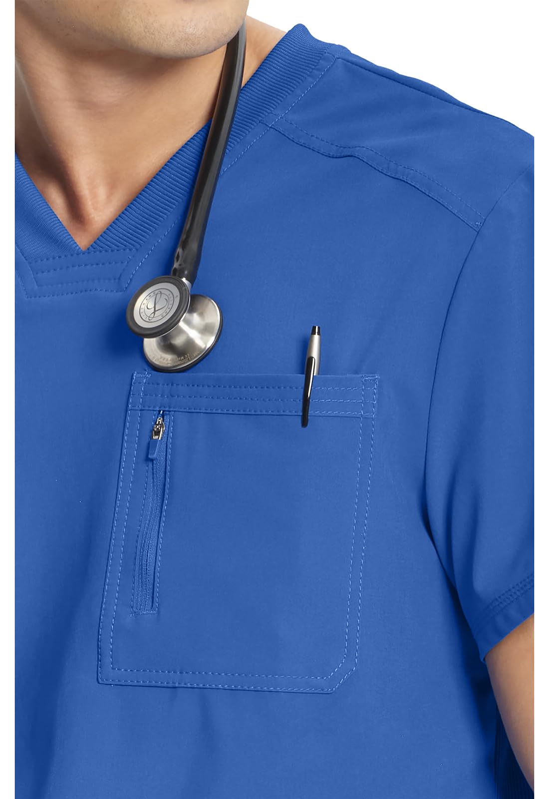 Cherokee Infinity Mens Tuckable V-Neck Scrub Top Modern Fit, 2 Pockets, Zip Chest Pocket, Rib-Knit, 360° Stretch – CK910A