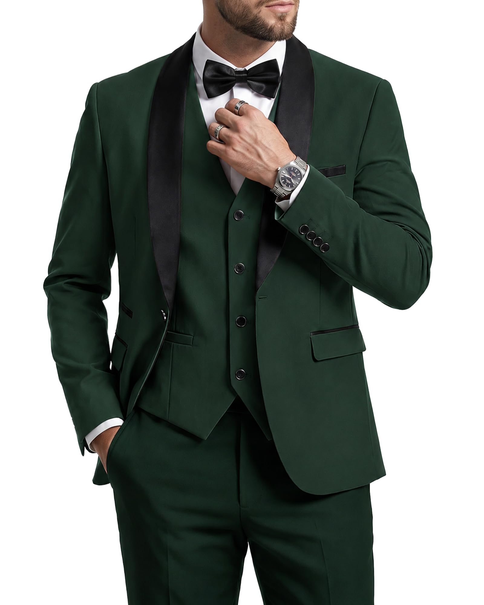 MrSure Men’s 3 Piece Slim Fit Suit, One Button Shawl Lapel Tuxedo, Premium Dinner Jacket Vest Pants & Tie Set