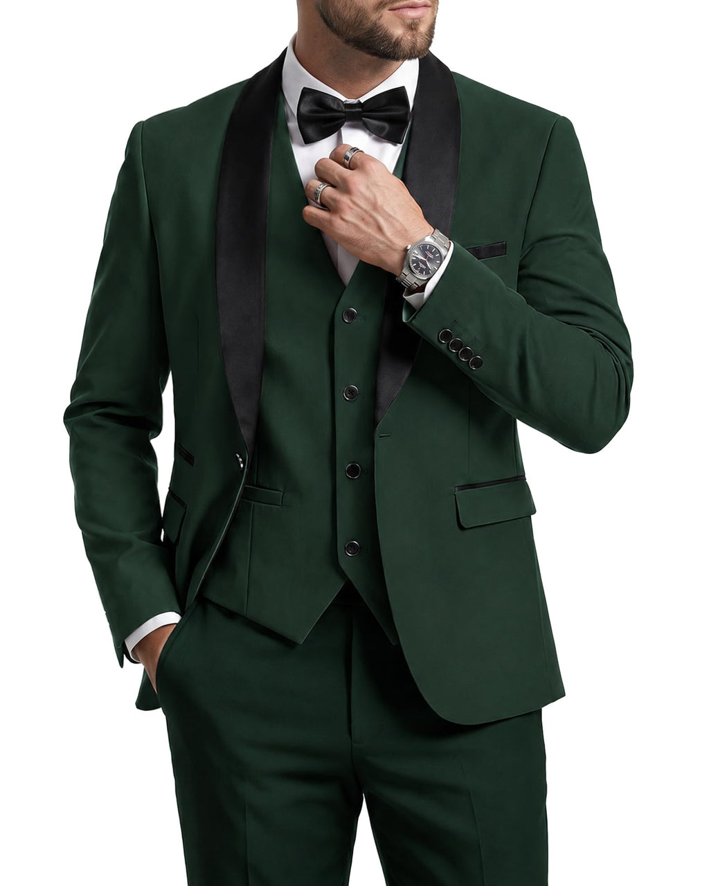 MrSure Men’s 3 Piece Slim Fit Suit, One Button Shawl Lapel Tuxedo, Premium Dinner Jacket Vest Pants & Tie Set