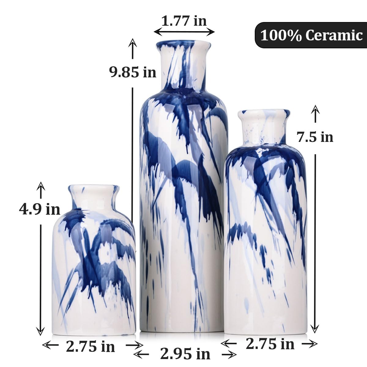 Ceramic Vase Set - 3 Ceramic Small Vases, Farmhouse Country Flower Vase Home Decor, Living Room Decoration, Table Decoration, Fireplace Decor, and Entrance Decorations Centerpieces