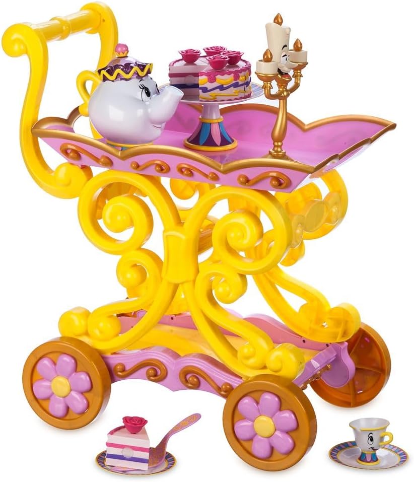 Disney Store Official Beauty and the Beast Tea Cart Set – Includes Lumiere, Mrs. Potts, Chip, Cake with Plate & Server – Disney Princess Toys, with Singing Lumiere & Bubbling Tea Effect
