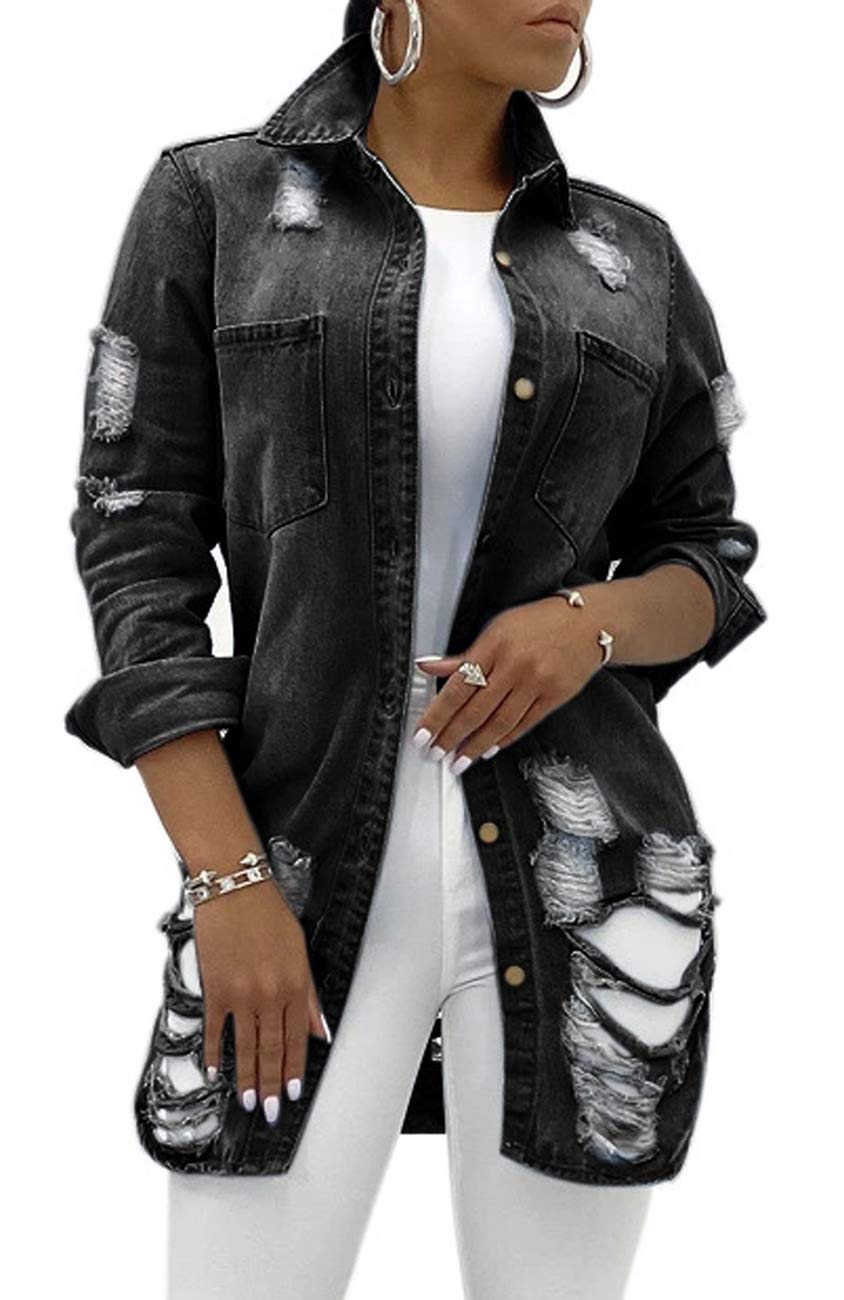 SeNight Women's Jean Jacket Long Sleeve Classic Distressed Fray Hem Tassels Denim Trucker Jackets