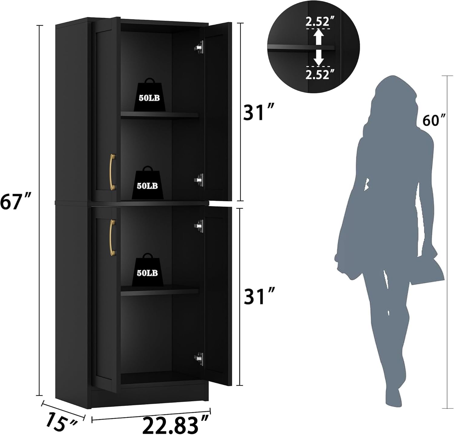 Pantry - Kitchen Pantry Cabinet with 4 Doors and Adjustable Shelves, Tall Black Cabinet Freestanding Storage Cupboard for Dining Room Living Room, Laundry, Bathroom (Black)