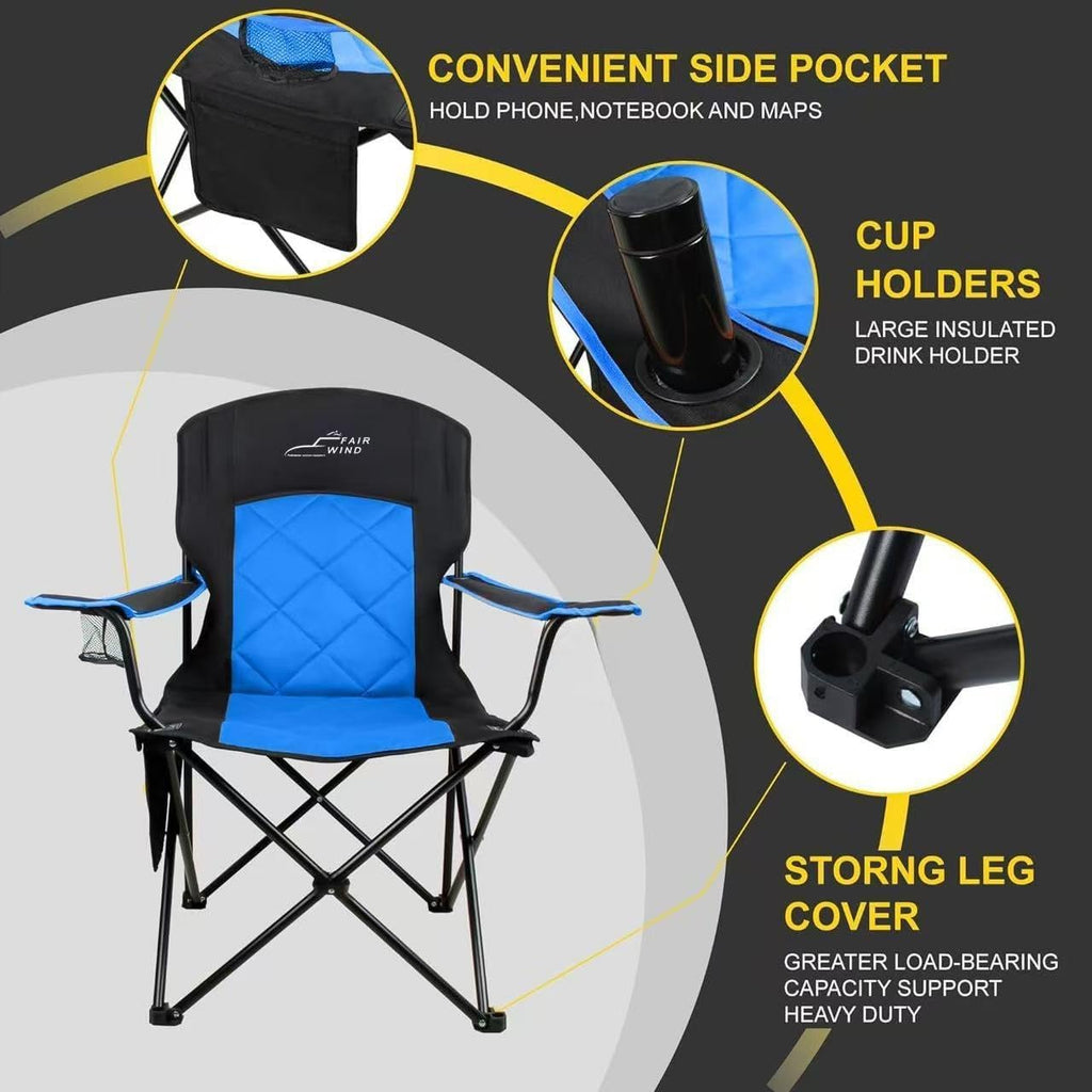 FAIR WIND Oversized Padded Camping Chair 2 Pack 350 LBS Capacity Fully Padded Lawn Quad Chair with Side Pocket & Cup Holder, Heavy Duty Lawn Chair for Outside, Tailgating, Beach, Sports