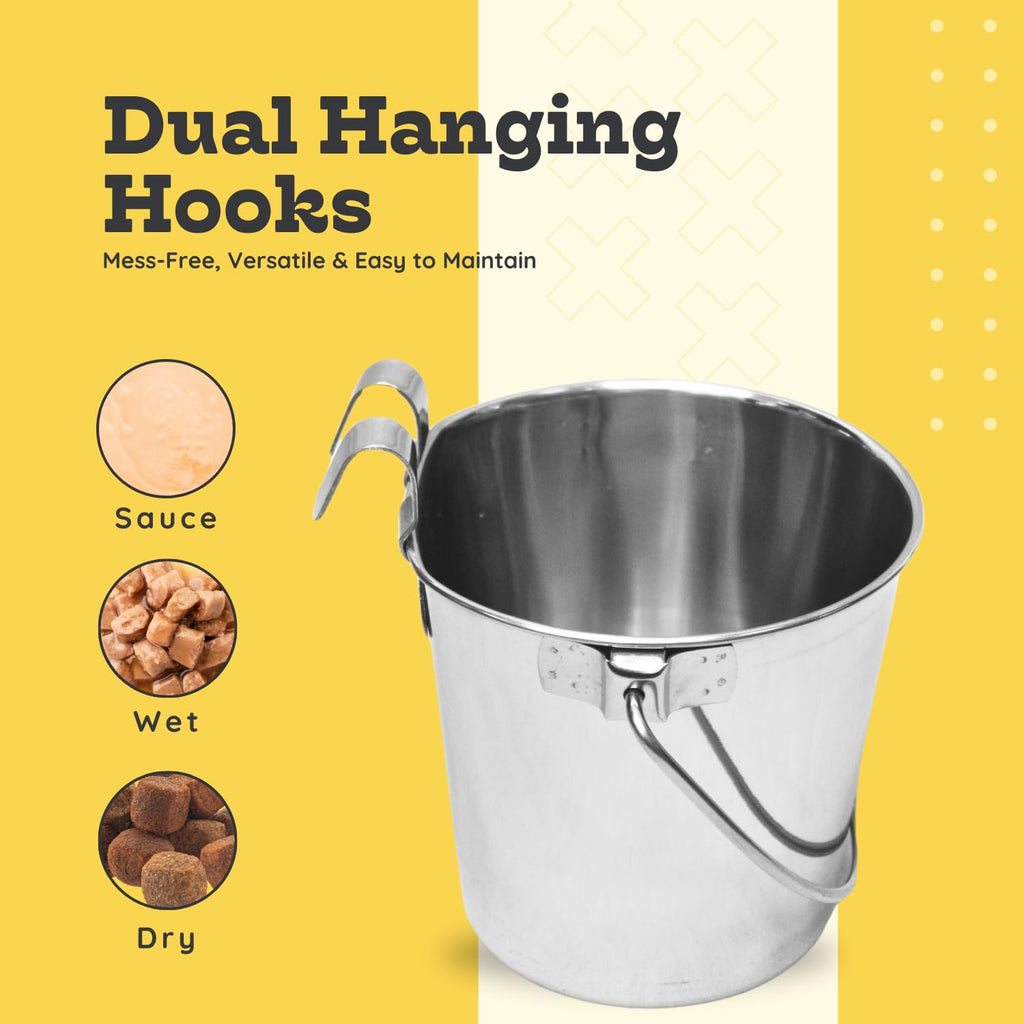 1 quart Stainless Steel Flat Sided Bucket with Dual Hooks | 0.25 gal Durable Food & Water Bowl for Dog Cat Bird & Small Animals | Fits kennel Cage Critter Crate | Hanging Utility Pet Pail