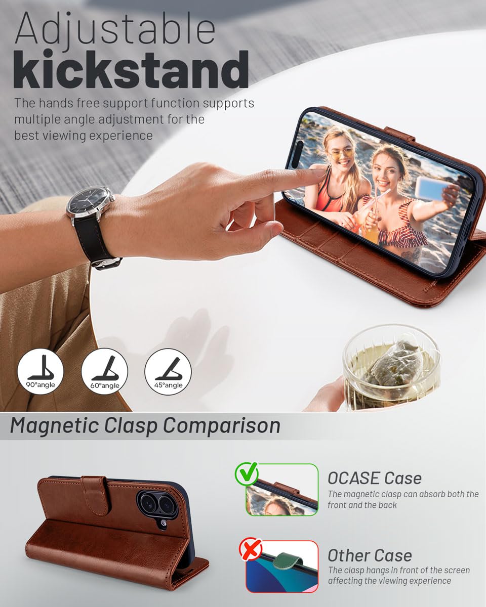 OCASE Compatible with iPhone 16 Wallet Case, PU Leather Flip Folio Case with Card Holders RFID Blocking Kickstand [Shockproof TPU Inner Shell] Phone Cover 6.1 Inch 2024, Black