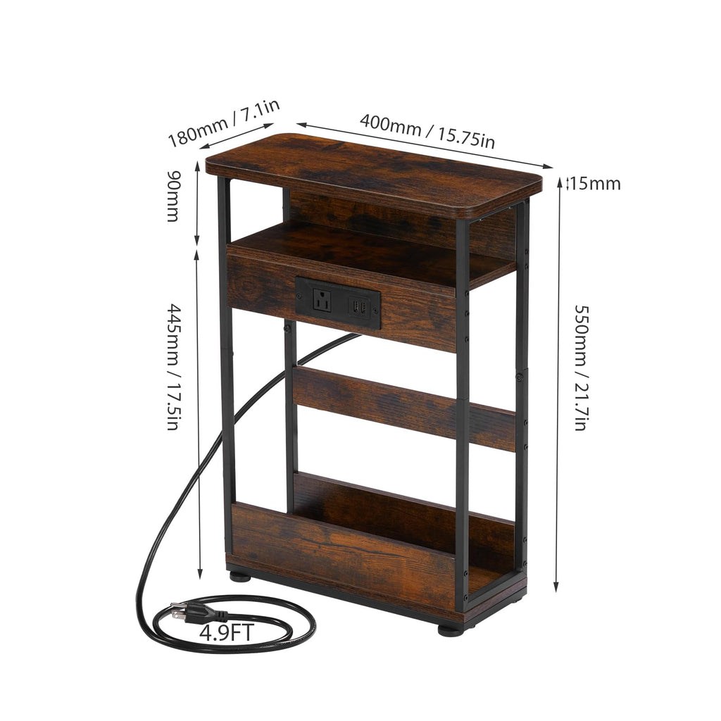 YEAKOO Narrow Side Table with Charging Station, 3-Tier End Table with 2 USB Ports & Power Outlets,Thin Sofa Side Table for Narrow and Small Spaces, Bedside Table Nightstand for Living Room,Black
