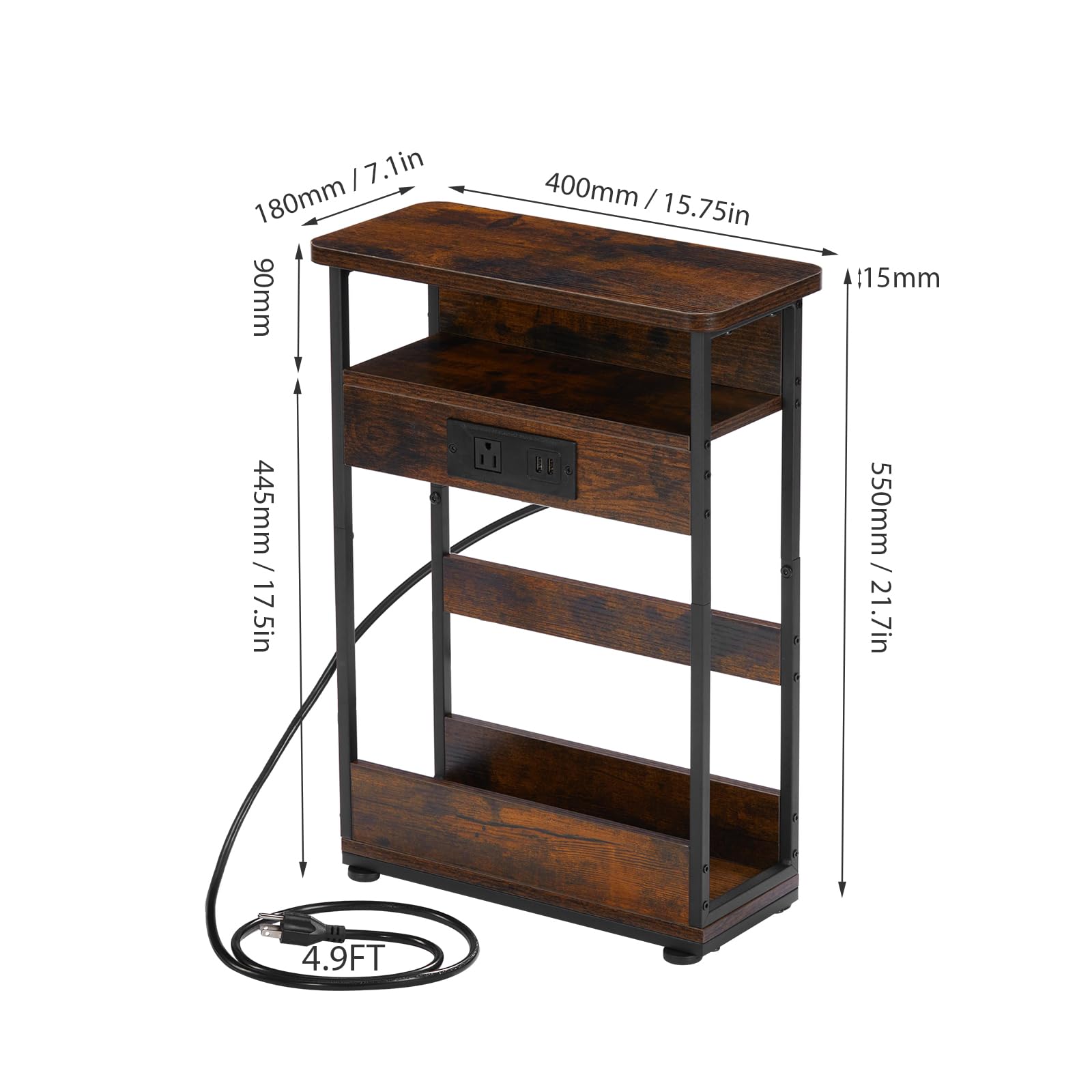 YEAKOO Narrow Side Table with Charging Station, 3-Tier End Table with 2 USB Ports & Power Outlets,Thin Sofa Side Table for Narrow and Small Spaces, Bedside Table Nightstand for Living Room,Black
