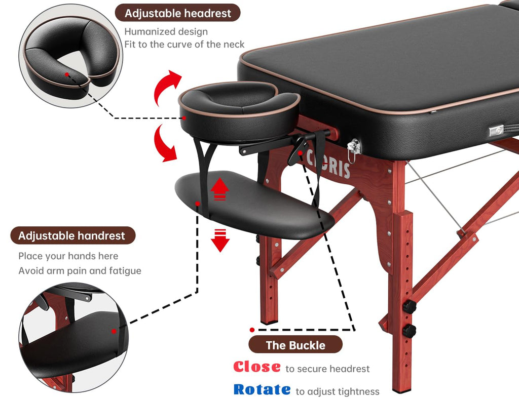 CLORIS 84" Professional Massage Table Portable Reinforced Wooden Leg 2 Folding Lightweight Spa Salon Tattoo Massage Bed Height Adjustable Hold Up to 1100LBS with Carrying Bag Black