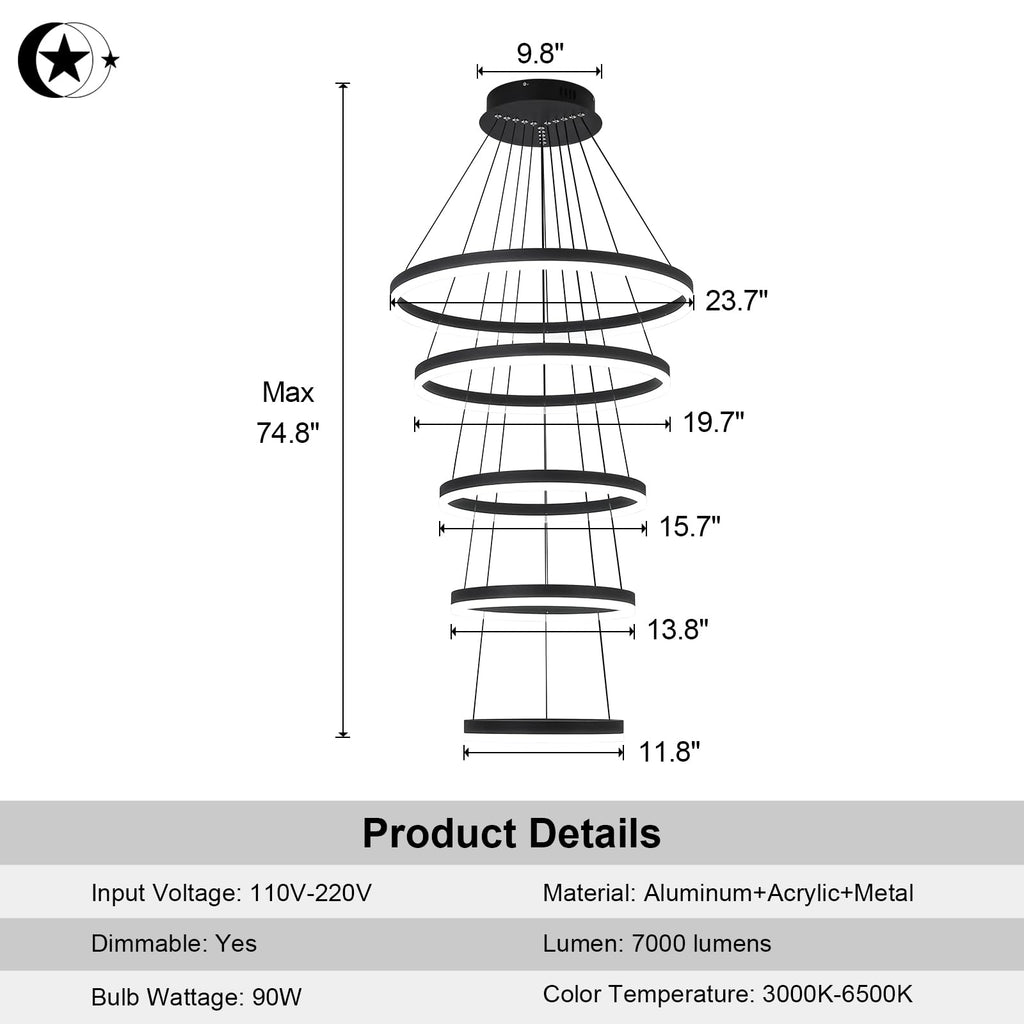 5-Rings Modern LED Chandelier Black Dimmable High Ceiling Chandelier for Dining Room with Remote Control for Foyer Living Room Entryway Staircase(D23.6’’, 3000K-6500K)