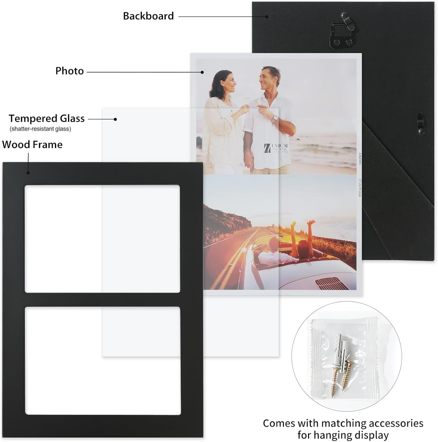4x6 2-Opening Collage Frame Black Wood | Two 4x6 openings, shatter-resistant glass, tabletop & wall mount