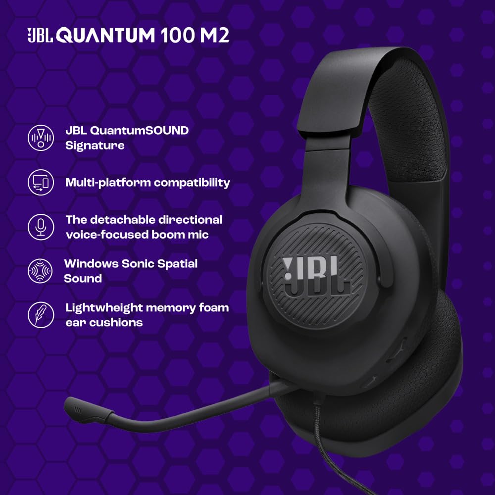 JBL Quantum 100M2 - Wired Over-Ear Gaming Headset with omnidirectional, Detachable mic with Mute Option and Fabric-Covered Memory Foam Ear Cushions, Compatible with All Platforms (Black)