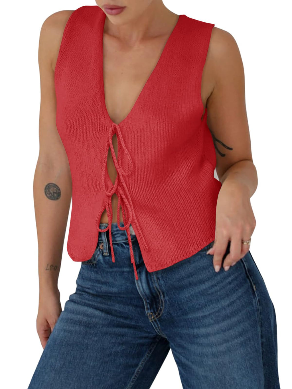 Yousify Womens Sweater Vests Tie Front Knit Vest Summer Ribbed Tank Tops Y2k Cute Vests Fashion Casual Sleeveless Tops