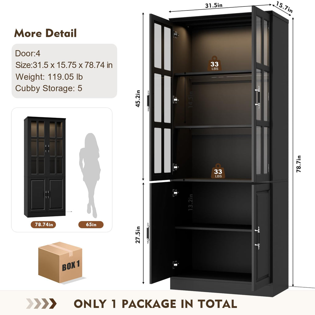 MEISSALIVVE Kitchen Pantry Storage Cabinet with LED Lights, 78.7" Tall with Glass Doors & Drawers, Freestanding Utility Cabinet, Black (31.5" W x 15.7" D)