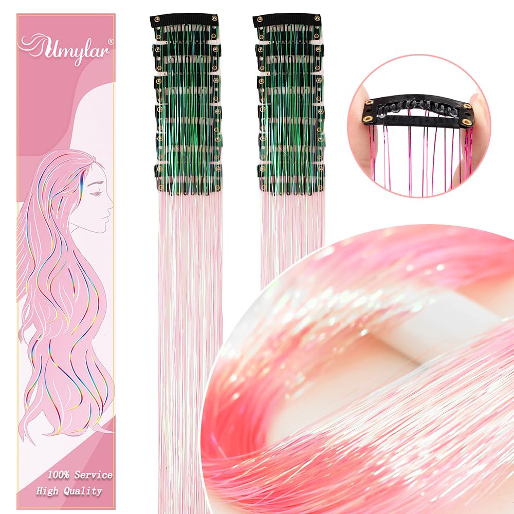Clip in Hair Tinsel, Pack of 12 Pcs 20 Inch,Glitter Tinsel Hair Extensions, Festival Tinsel Fairy Hair Extension Party Dazzle Hair Accessories Strands Kit for Women Girls(12Pcs,Black#)