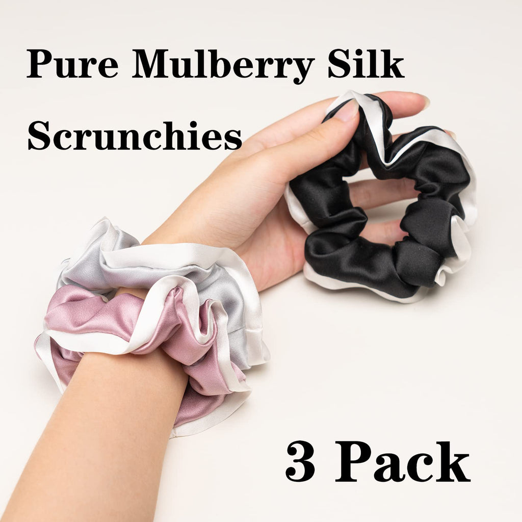 Silk Scrunchies for Hair 100% Mulberry Silk Hair Ties（Silver gray, Dark gray, Pink）