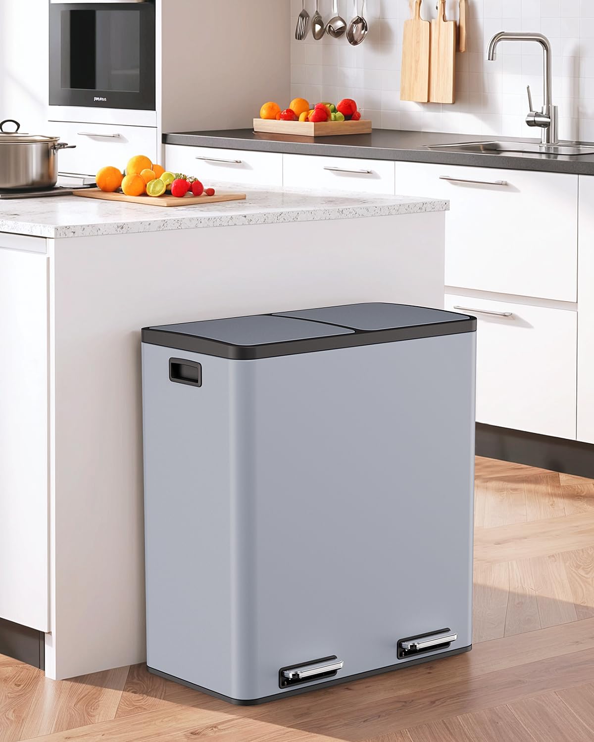 60L(16 Gal) Dual Trash Can, Stainless Steel Kitchen Garbage Can, Double Compartment Classified Rubbish Bin, Recycle Dustbin w/Plastic Inner Buckets, Soft-Close Lid, Airtight, Black
