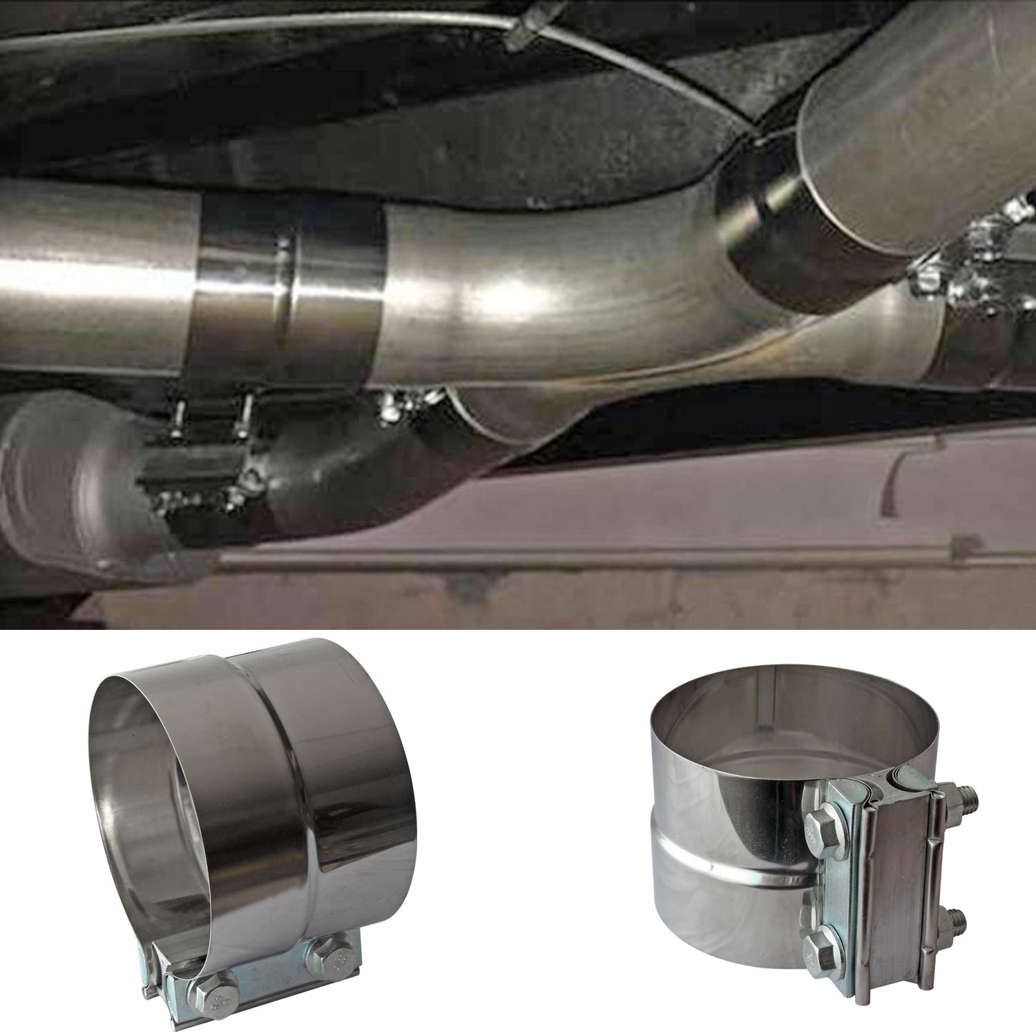 Exhaust Clamps Band Clamp 2.5" Lap Joint - Stainless Steel Lap Joint Exhaust Band Clamp with 1 Block 2Pcs for 2.5" Od to 2.5" Id Exhaust Pipe, Muffler, Elbow and Exhaust Tubing Connection(2 Pack)