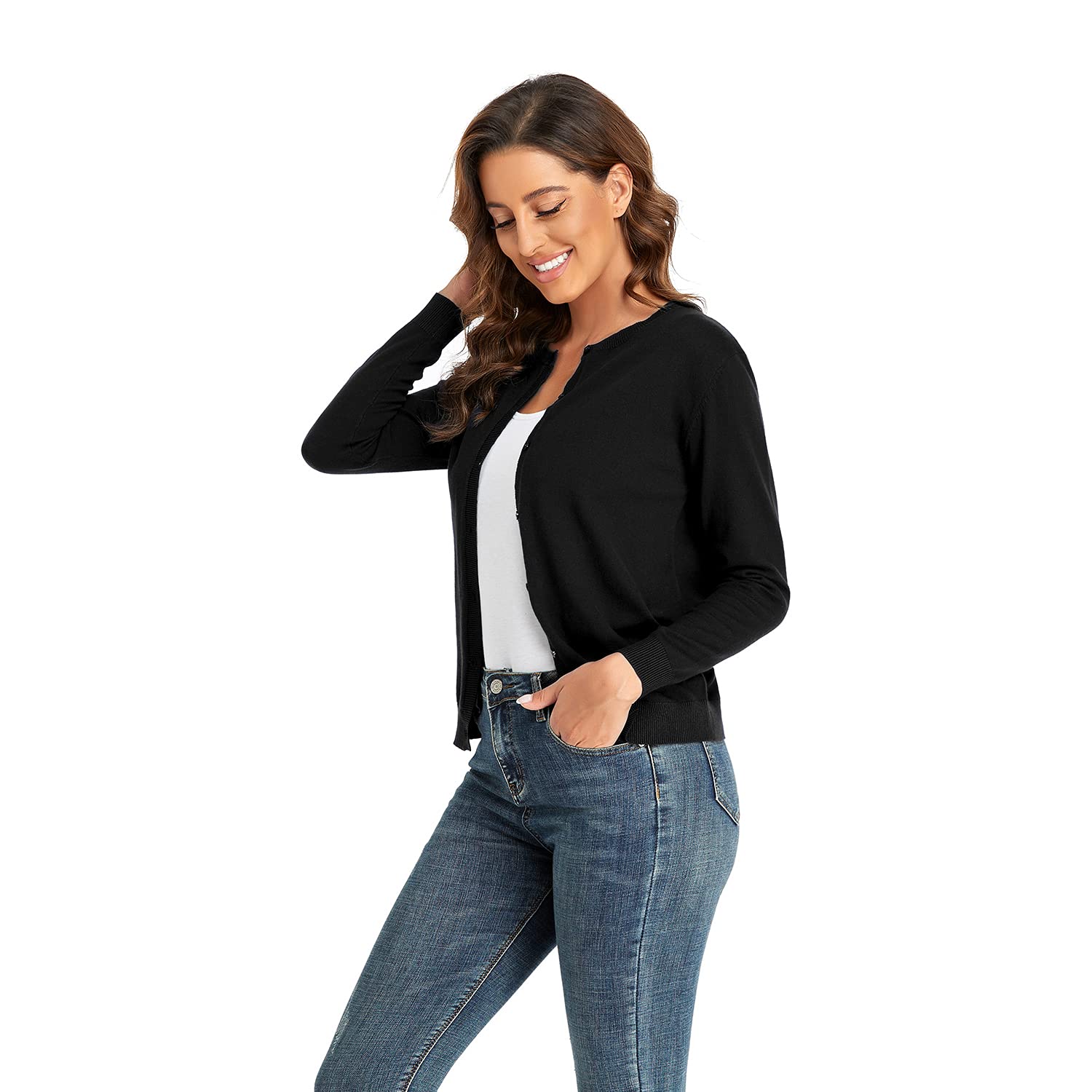 CUNYI Women's Crew Neck Cardigan Long Sleeve Sweater for Women Button Down Soft Knit Ladies Cardigan Sweates Coat