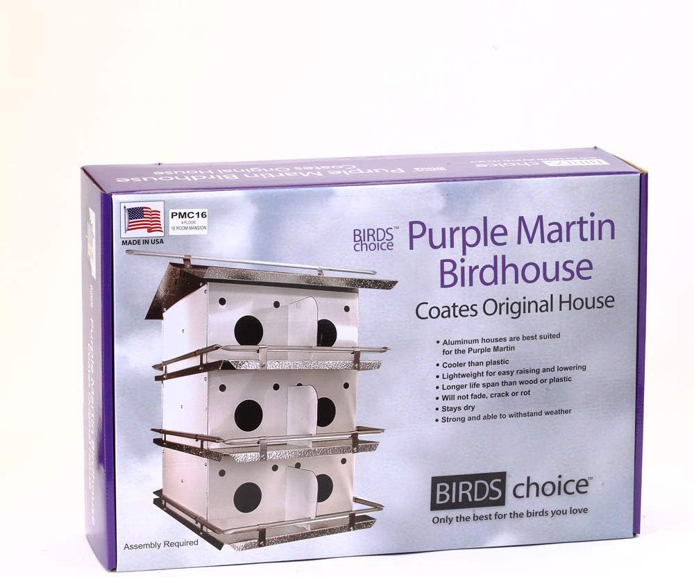 Birds Choice Premium Aluminum Purple Martin House – 16 Room, 4 Floor Birdhouse with Starling Resistant Entrance Holes, Ventilated Roof & Easy Cleaning, Unassembled– USA Made