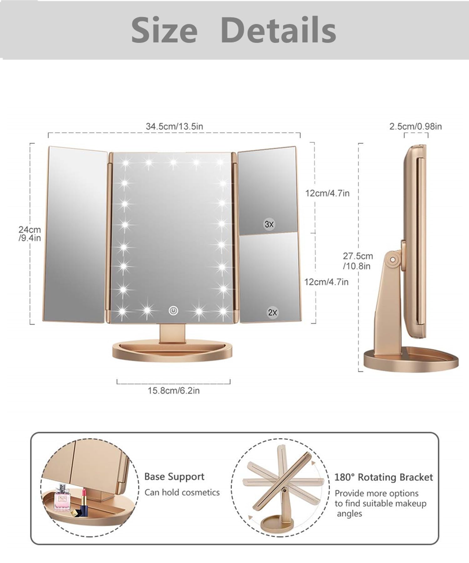 Flymiro Tri-fold Lighted Vanity Makeup Mirror with 3x/2x Magnification,Light up Mirror for Makeup,Touch Screen 21 LEDs,180° Rotation Countertop Cosmetic Mirror,Gifts for Women Mom Teen Girls