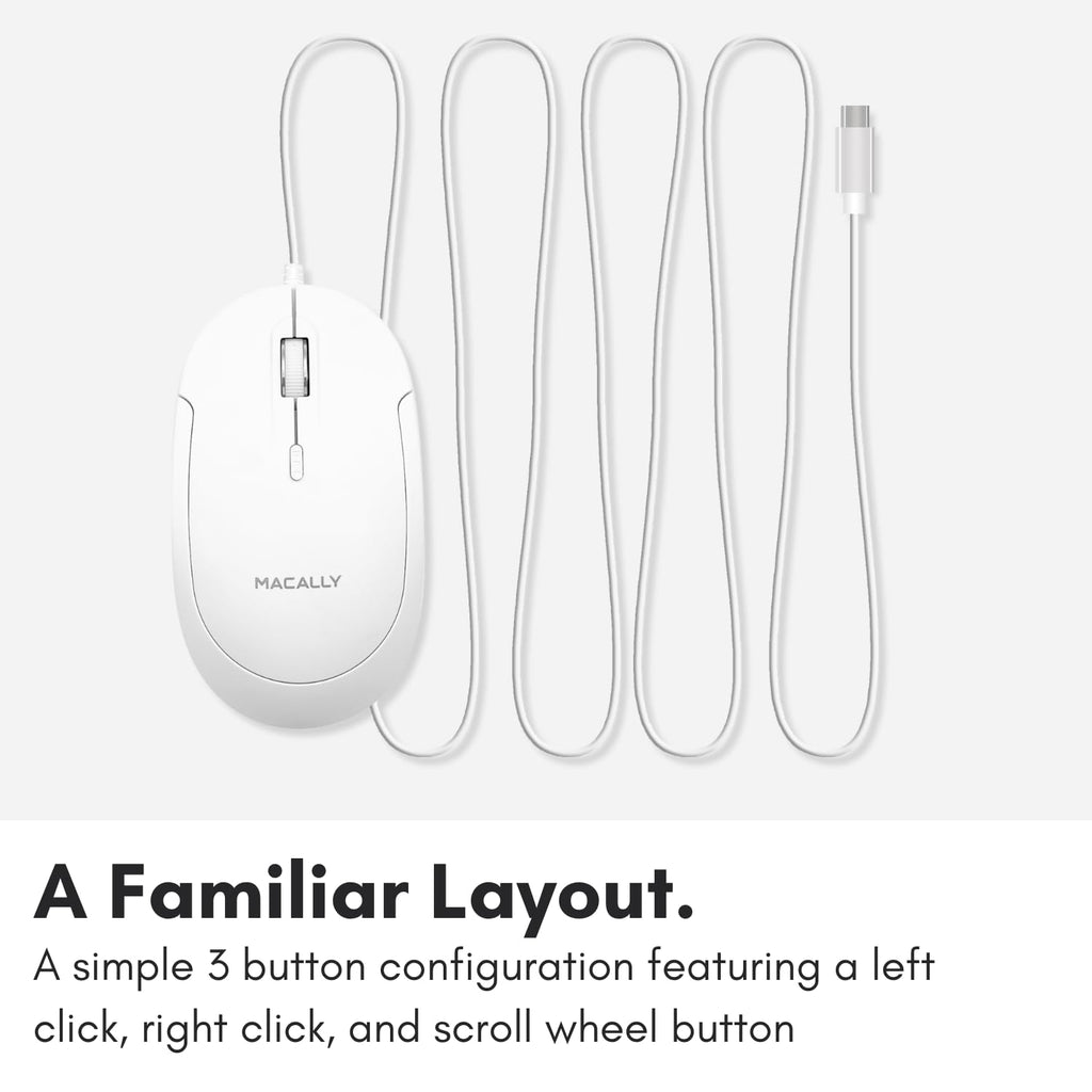 Macally Wired USB C Mouse for Mac and PC - Slim, Quiet, and Reliable - Type C Mouse for MacBook Pro/Air, iMac, Apple iPad, Laptop, Computer Desktop with 3 Button, Scroll Wheel, USBC, and 4 DPI Mode