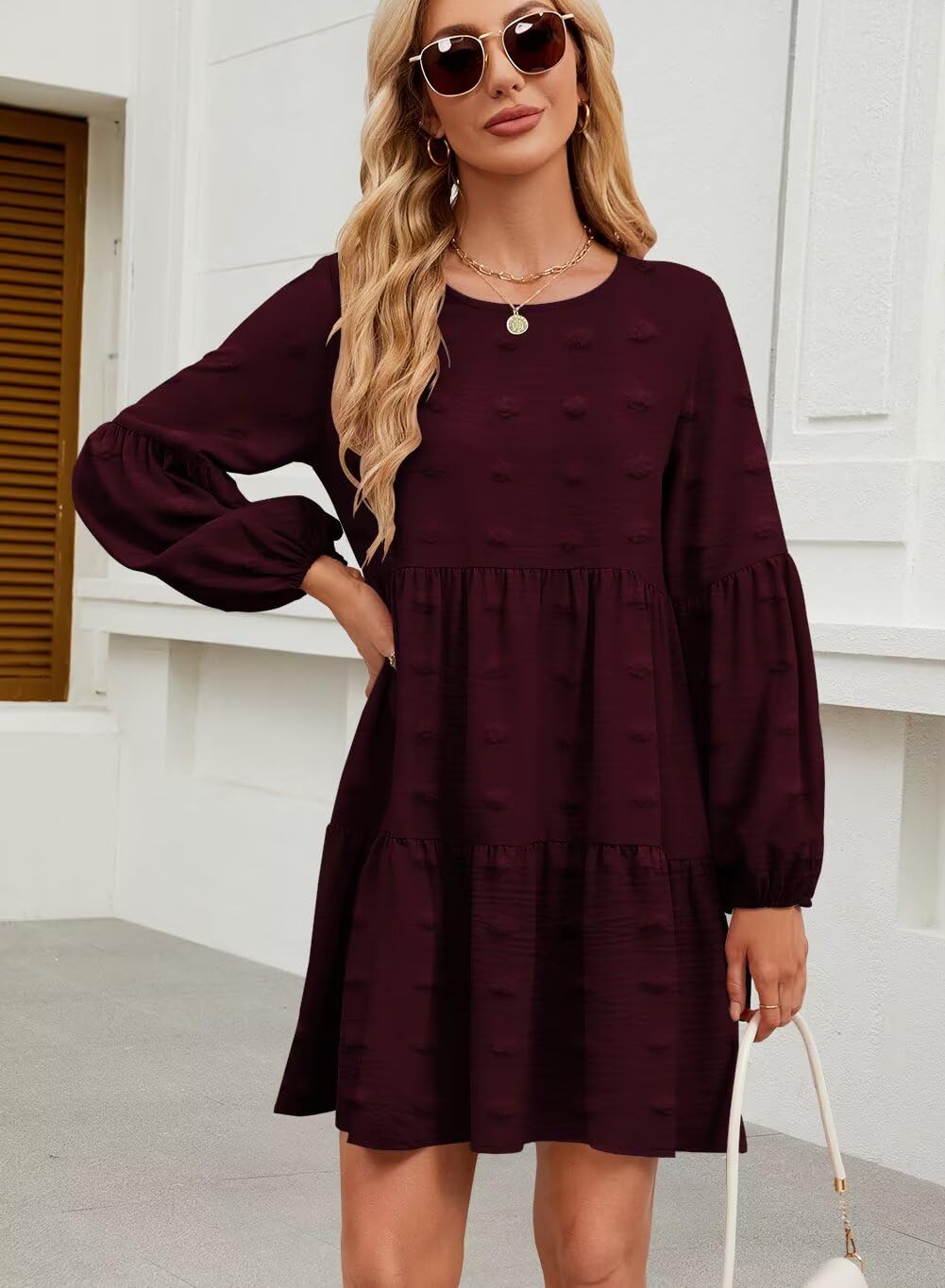 QACOHU Falll Dresses for Women 2026 Crew Neck Long Lantern Sleeve Casual Loose Flowy Swing Shift Dress