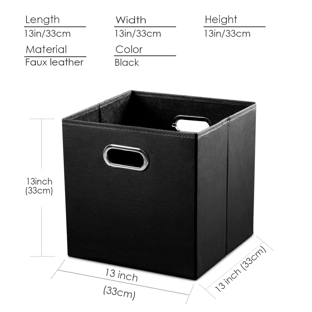 PRANDOM Leather Foldable Cube Storage Bins 11x11 inch [4-Pack] Fabric Storage Baskets Cubes Drawer with Cotton Handles Organizer for Shelves Nursery Closet Bedroom Clothes Black