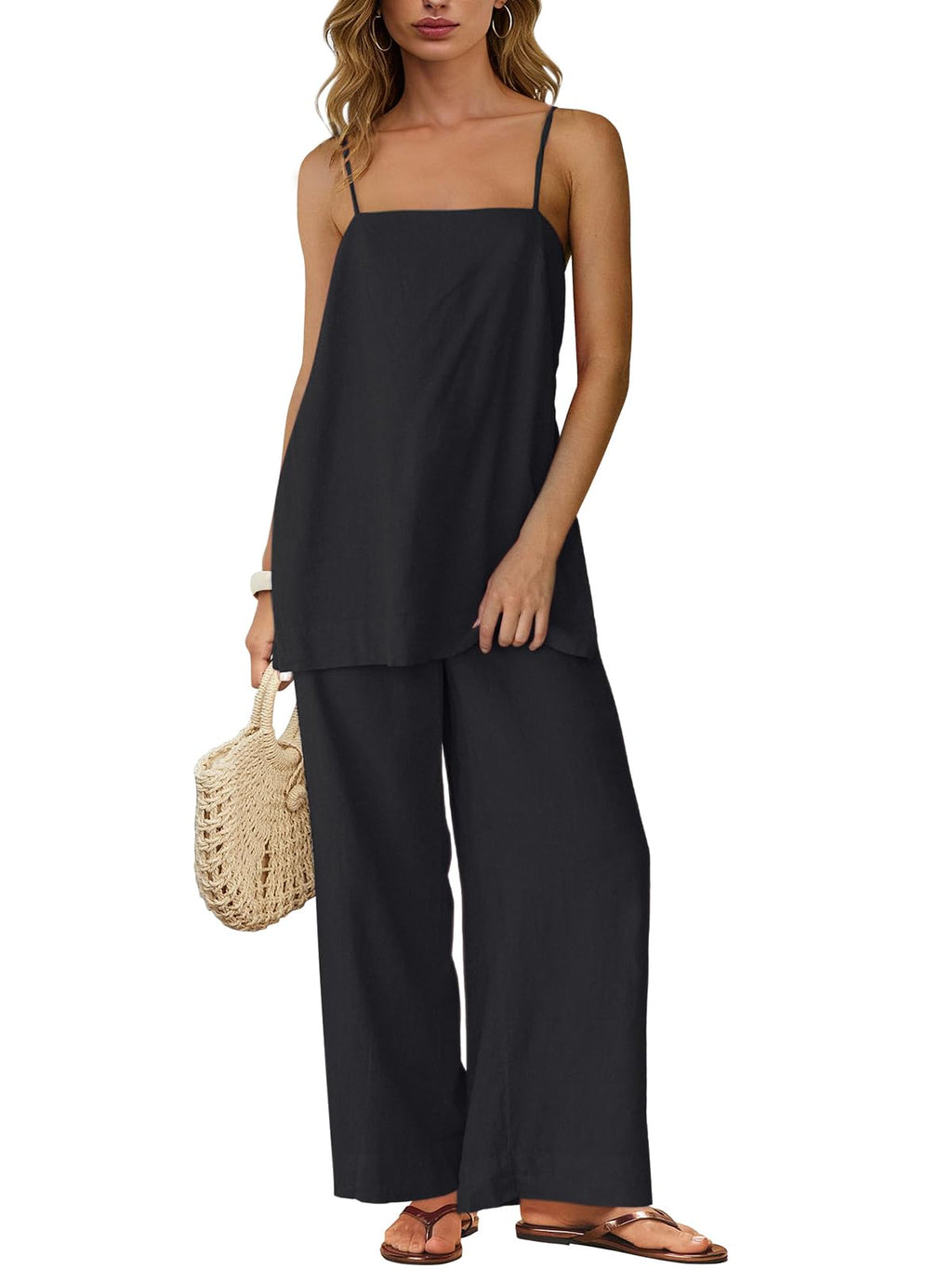 Dokuritu Linen Sets for Women 2 Piece Summer Spaghetti Strap Top Wide Leg Pant Set Beach Vacation Travel Outfits with Pockets